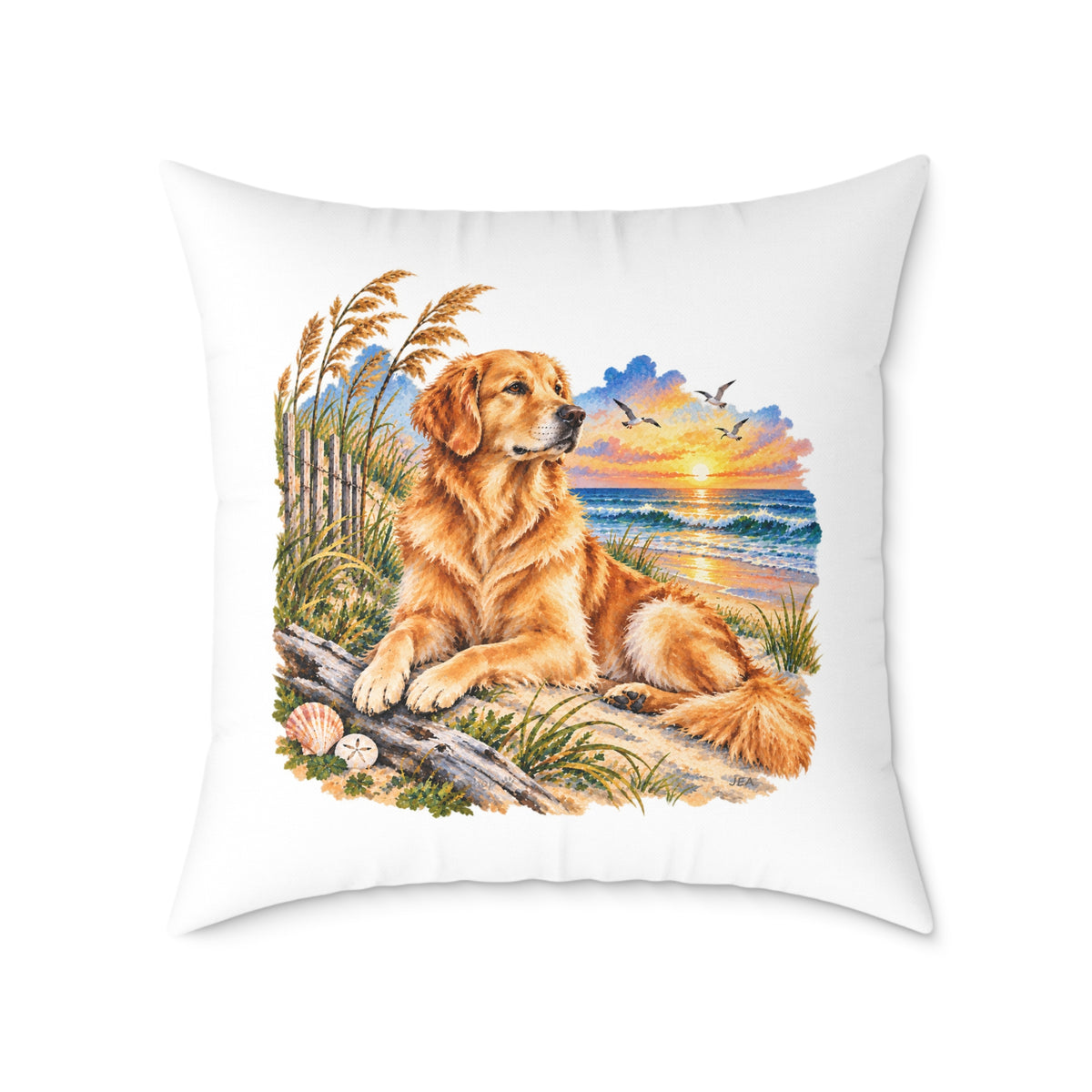 Golden Retriever Coastal North Carolina Sunrise Throw Pillow White Home Decor Collection Beach Dog Decor BarkingDog Shop