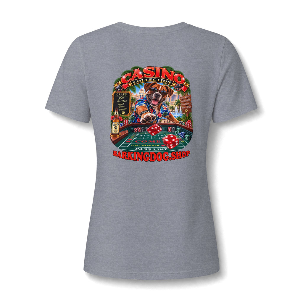 Boxer Craps Womens V Neck T Shirt Casino Collection Funny Casino Dog Graphic Tee Wag On BarkingDog Shop
