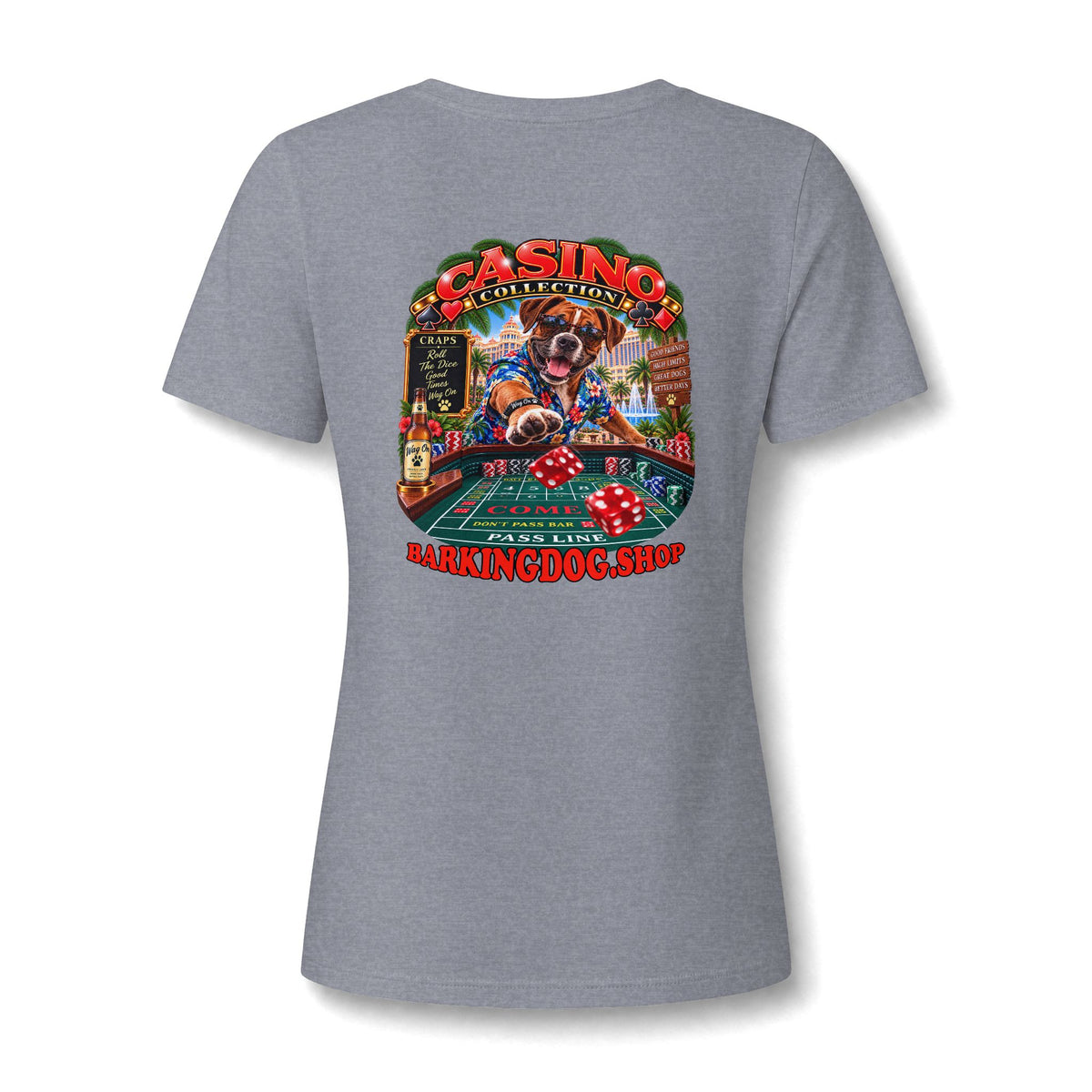 Boxer Craps Womens V Neck T Shirt Casino Collection Funny Casino Dog Graphic Tee Wag On BarkingDog Shop