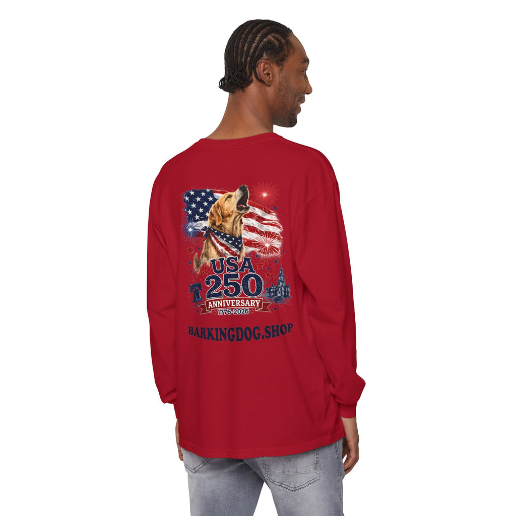 USA 250th Anniversary Long Sleeve T-Shirt — Patriotic Dog Flag Design