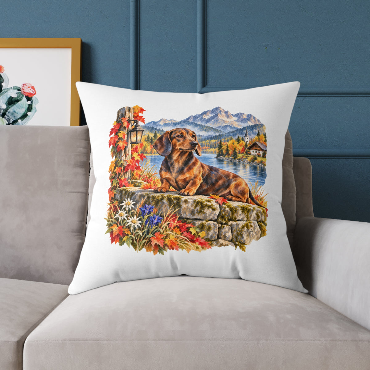 Dachshund Bavarian Alps Autumn Throw Pillow White Home Decor Collection Alpine Lake Dog Decor BarkingDog Shop