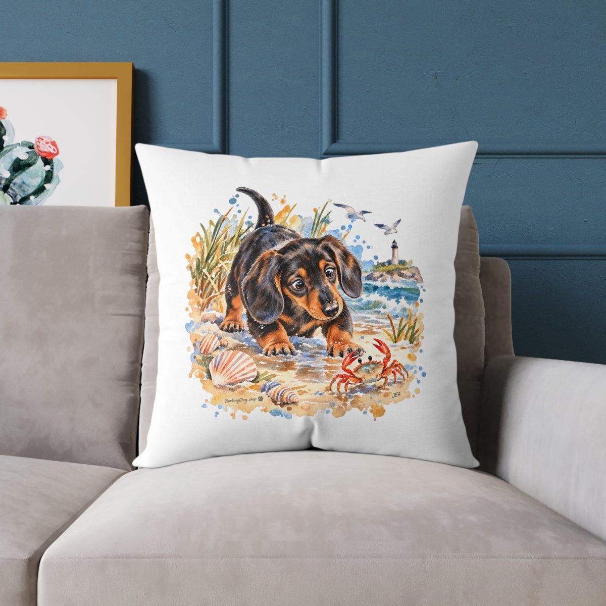 Dachshund Bewildered by Crab Beach Throw Pillow White Home Decor Collection Funny Coastal Dog Decor BarkingDog Shop