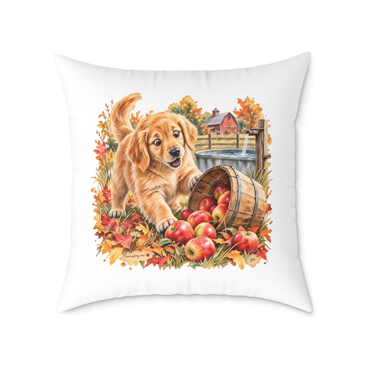 Golden Retriever Puppy Spilled Apples Throw Pillow White Home Decor Collection Farmhouse Dog Decor BarkingDog Shop