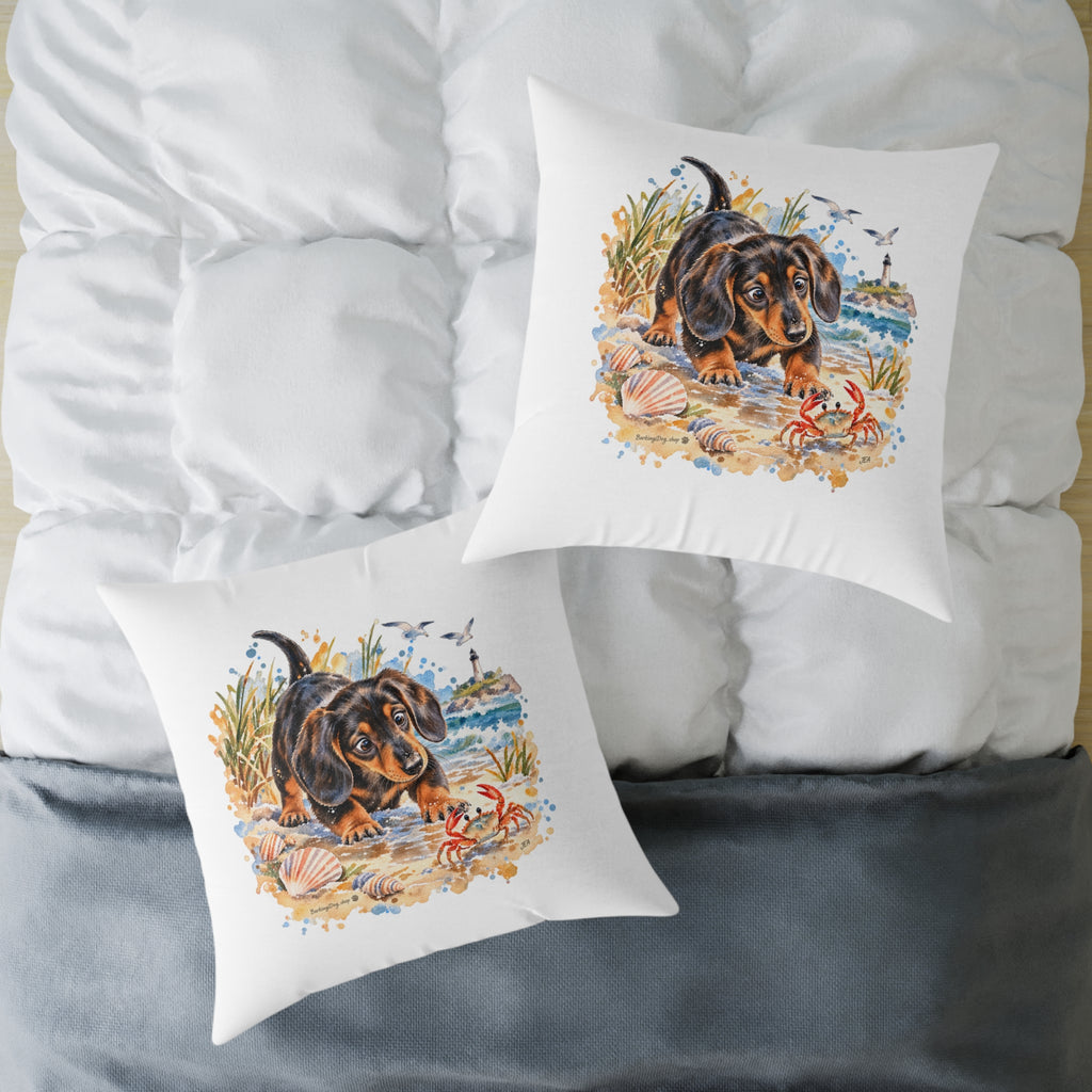 Dachshund Bewildered by Crab Beach Throw Pillow White Home Decor Collection Funny Coastal Dog Decor BarkingDog Shop