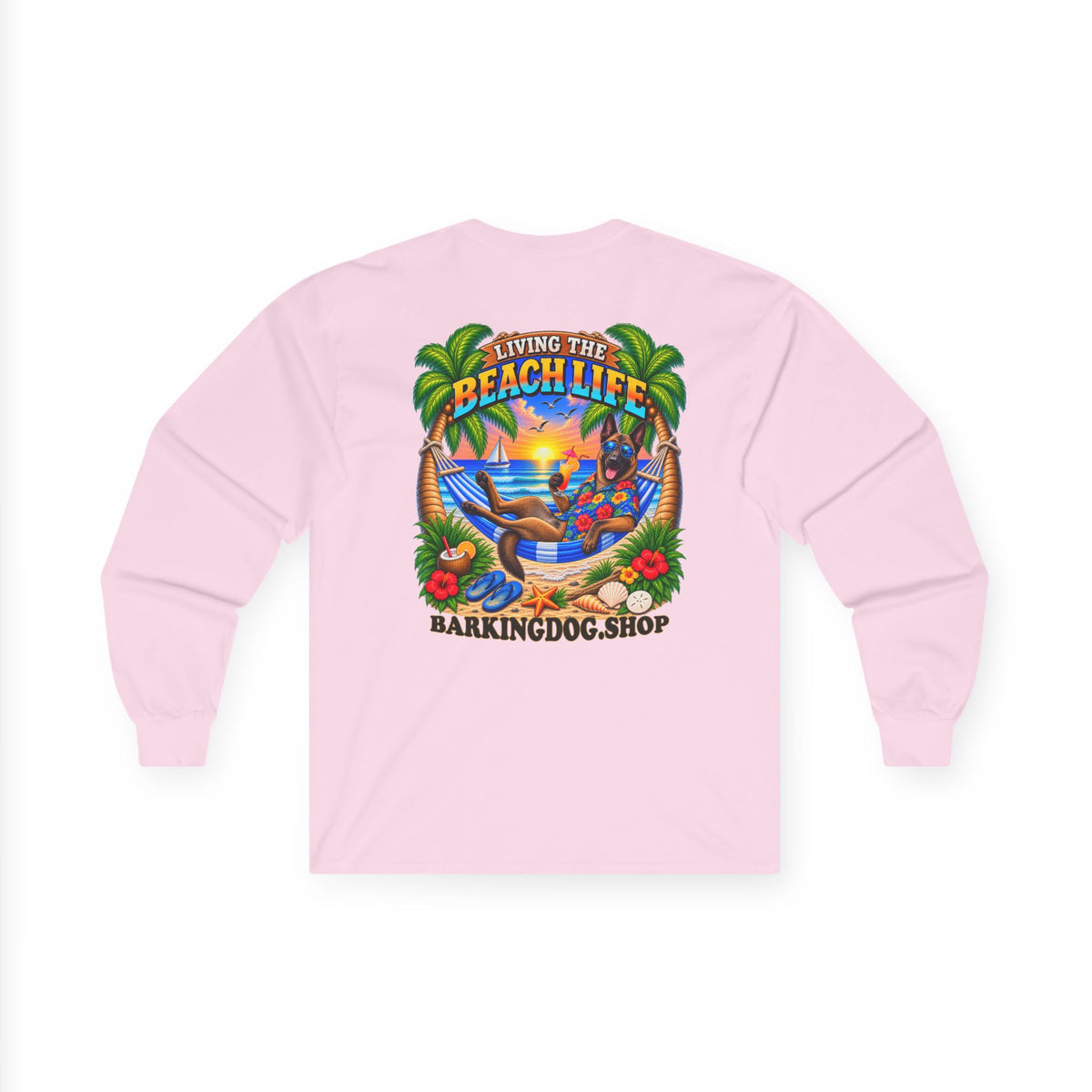 Belgian Malinois Beach Life Canine Long Sleeve T Shirt Beach Collection Hammock Tropical Dog Graphic Tee Wag On BarkingDog Shop