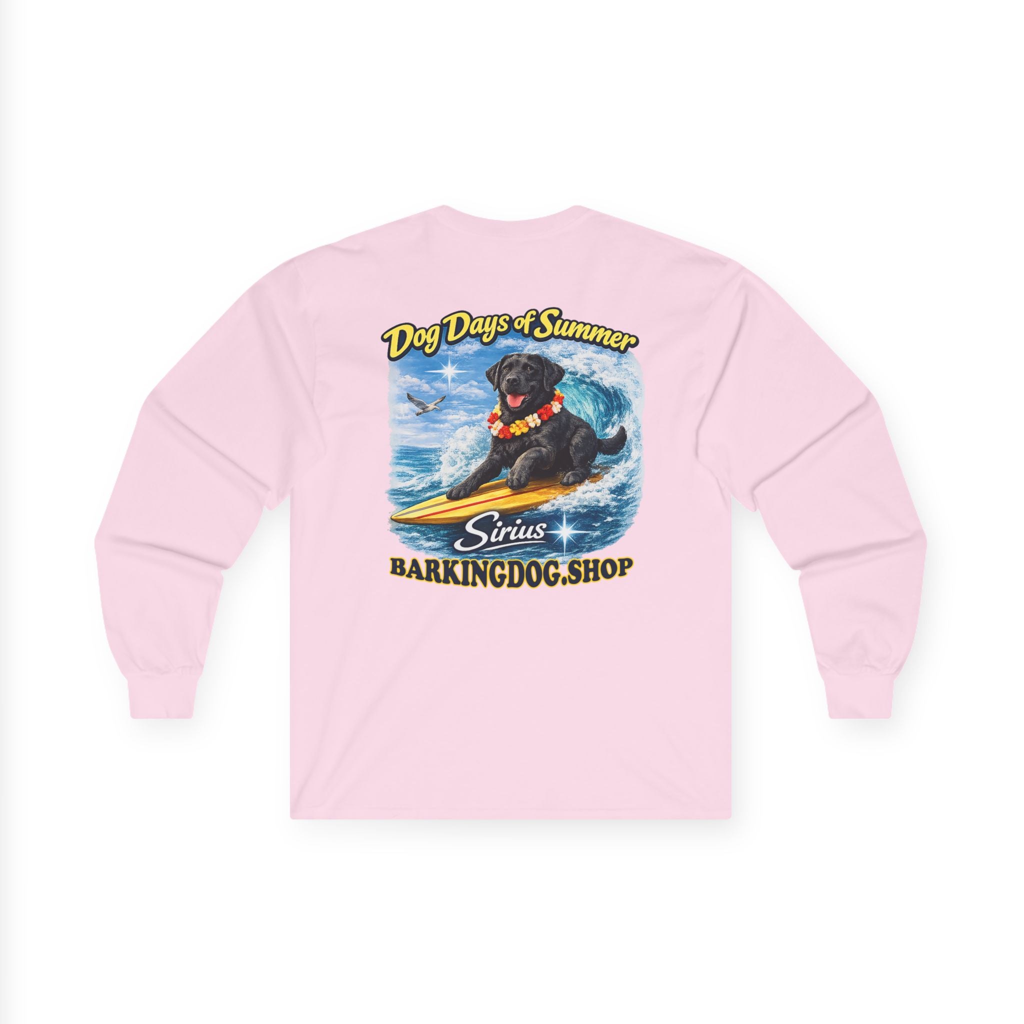 Black Labrador Dog Days of Summer Surfboard Long Sleeve T Shirt Beach Collection Surfing Dog Graphic Tee Wag On BarkingDog Shop