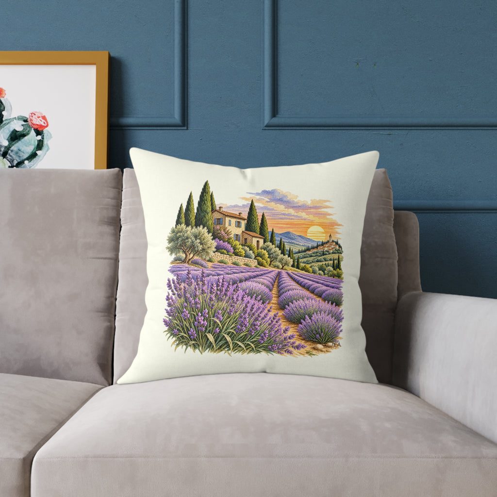 Lavender Fields Woodcut Relief Throw Pillow Ivory Floral Landscape Home Decor BarkingDog Shop