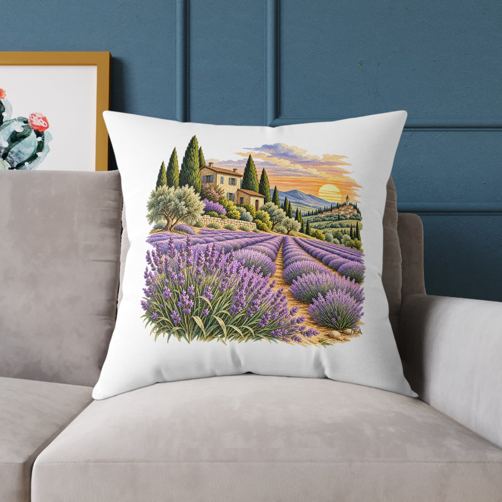 Lavender Fields Woodcut Relief Throw Pillow White Floral Landscape Home Decor BarkingDog Shop