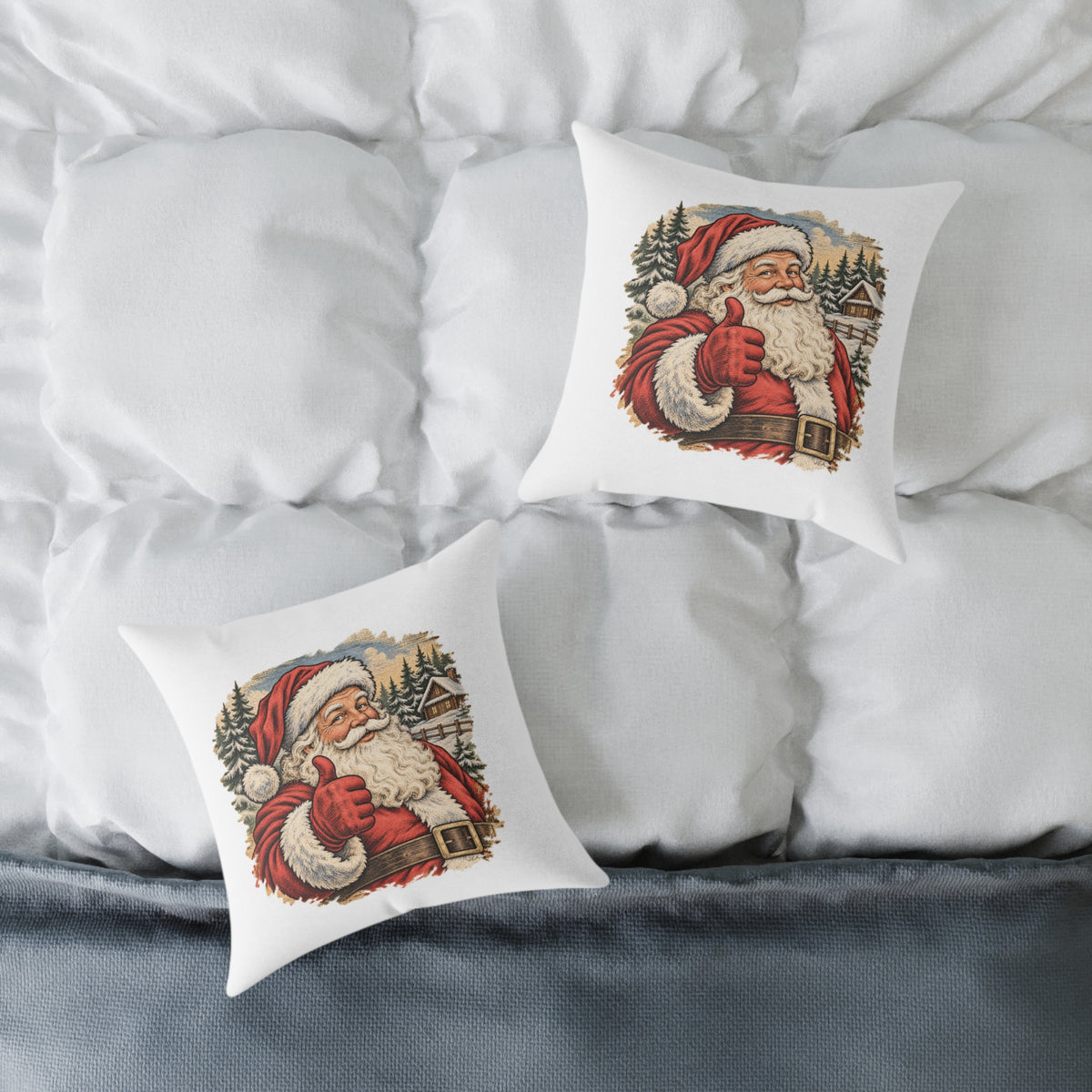 Santa Thumbs Up Woodcut Relief Throw Cushion White  Holiday Decoration BarkingDog Shop