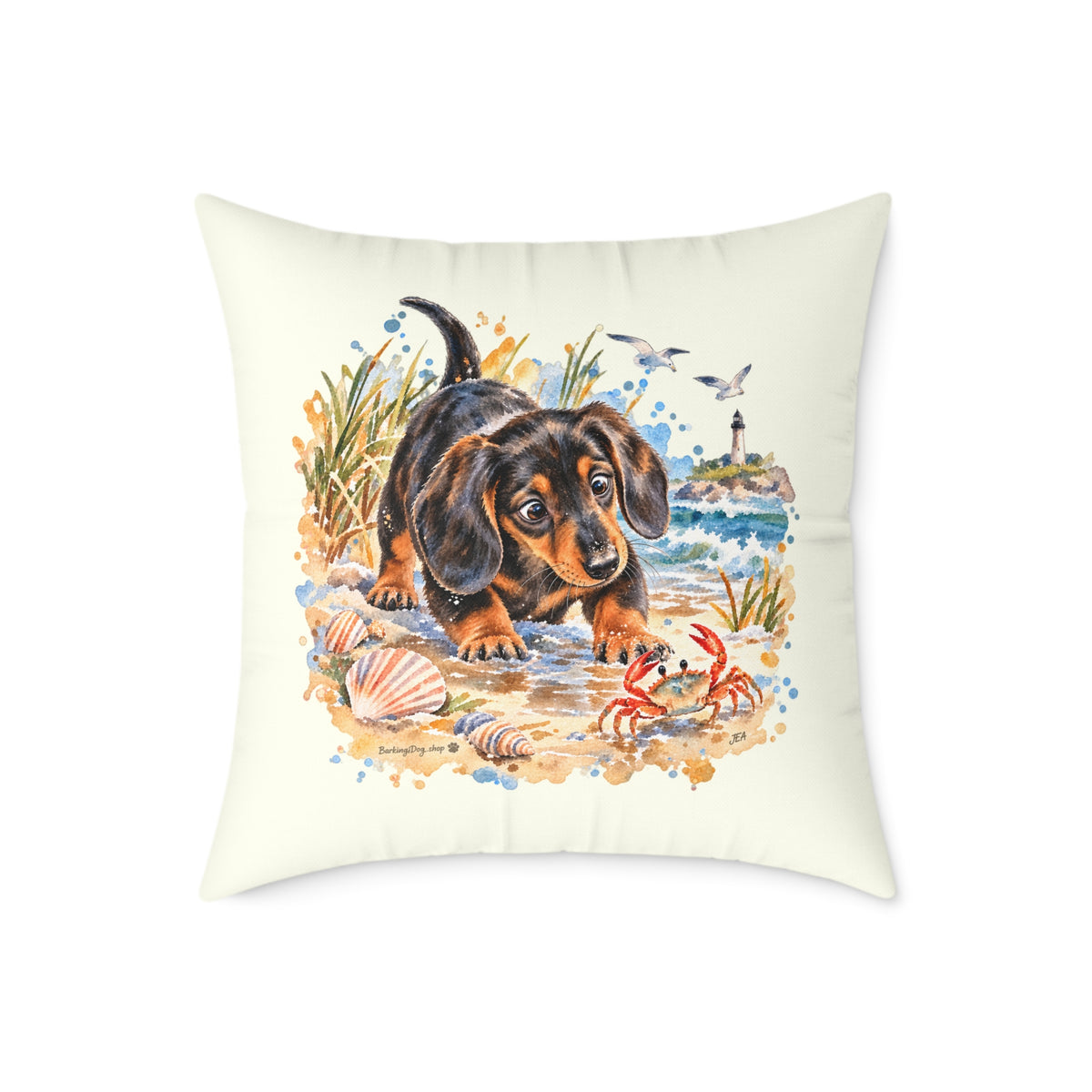 Dachshund Bewildered by Crab Beach Throw Pillow Ivory Home Decor Collection Funny Coastal Dog Decor BarkingDog Shop