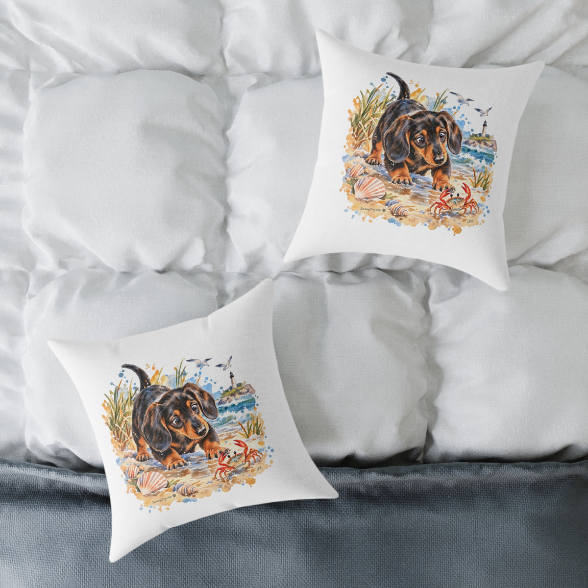 Dachshund Bewildered by Crab Beach Throw Pillow White Home Decor Collection Funny Coastal Dog Decor BarkingDog Shop