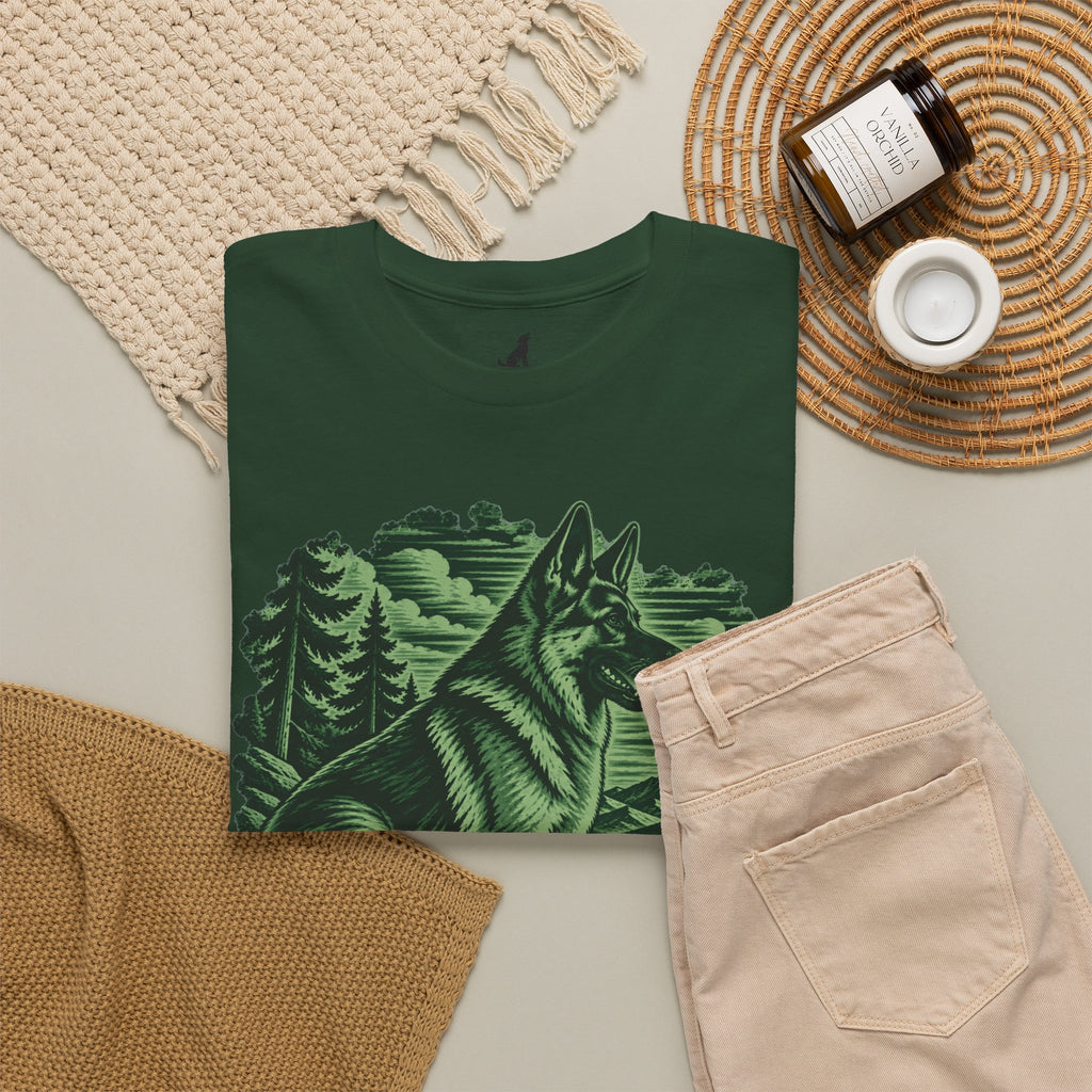 German Shepherd Overlook Wildlife Woodcut Tee Green Outdoor Canine Graphic T-Shirt BarkingDog Shop