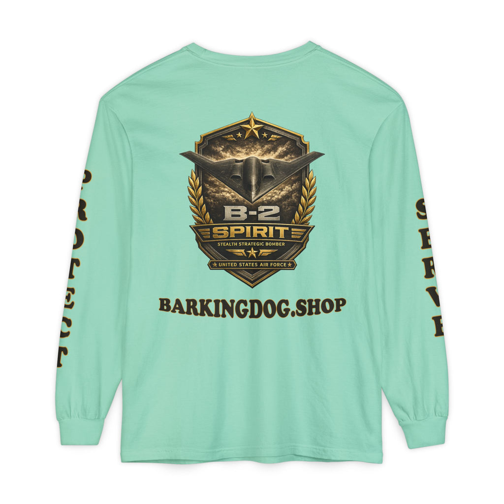 B-2 Spirit Stealth Bomber Long Sleeve Tee — Barking Dog 'Wag On' Military Air Force Tribute