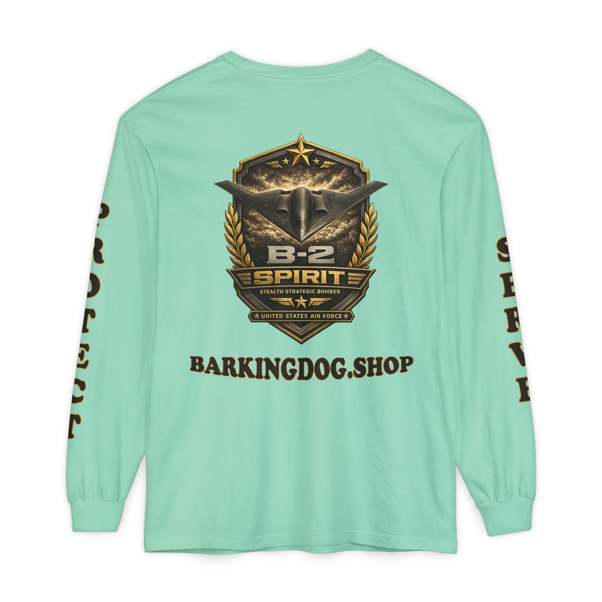 B-2 Spirit Stealth Bomber Long Sleeve Tee — Barking Dog 'Wag On' Military Air Force Tribute