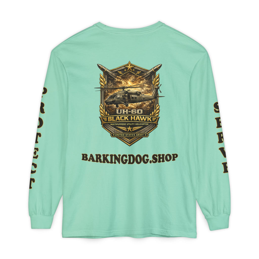 UH-60 Black Hawk Helicopter Long Sleeve Tee — Barking Dog 'Wag On' Military Army Tribute