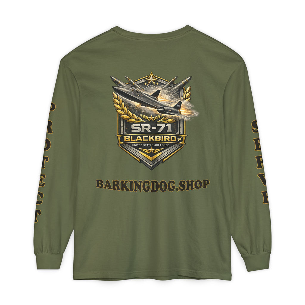 SR-71 Blackbird Long Sleeve Tee — Barking Dog 'Wag On' Military Air Force Tribute