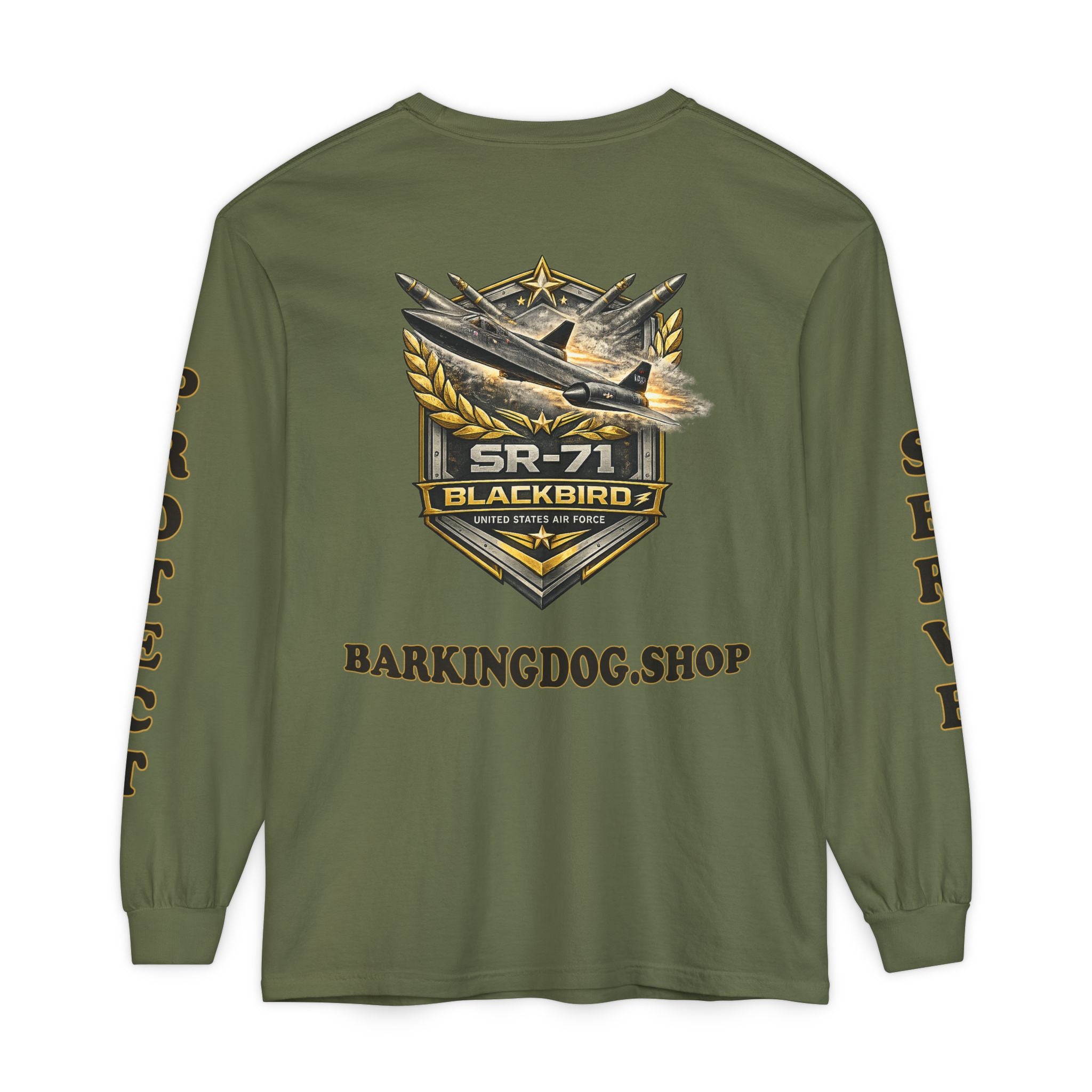 SR-71 Blackbird Long Sleeve Tee — Barking Dog 'Wag On' Military Air Force Tribute