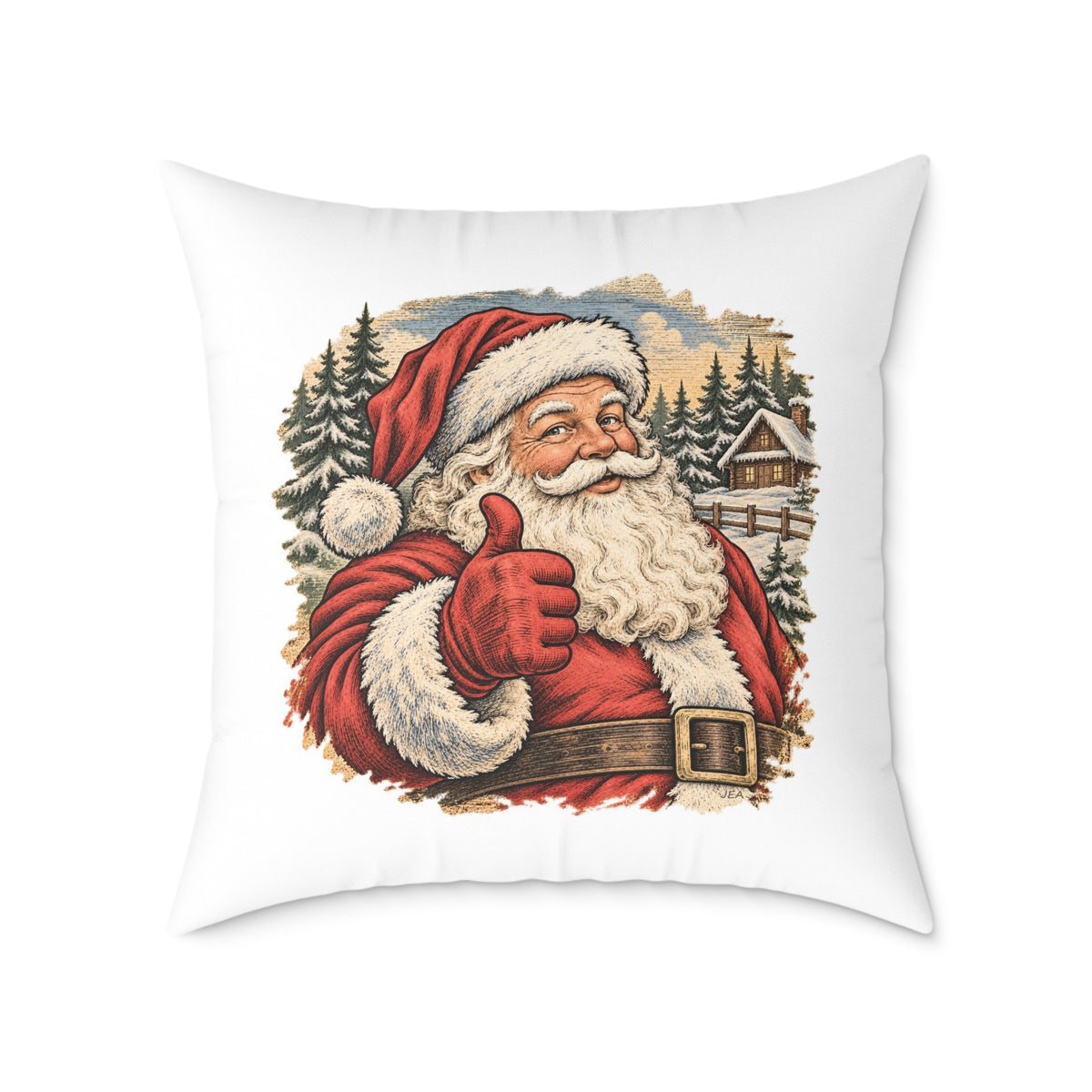 Santa Thumbs Up Woodcut Relief Throw Cushion White  Holiday Decoration BarkingDog Shop