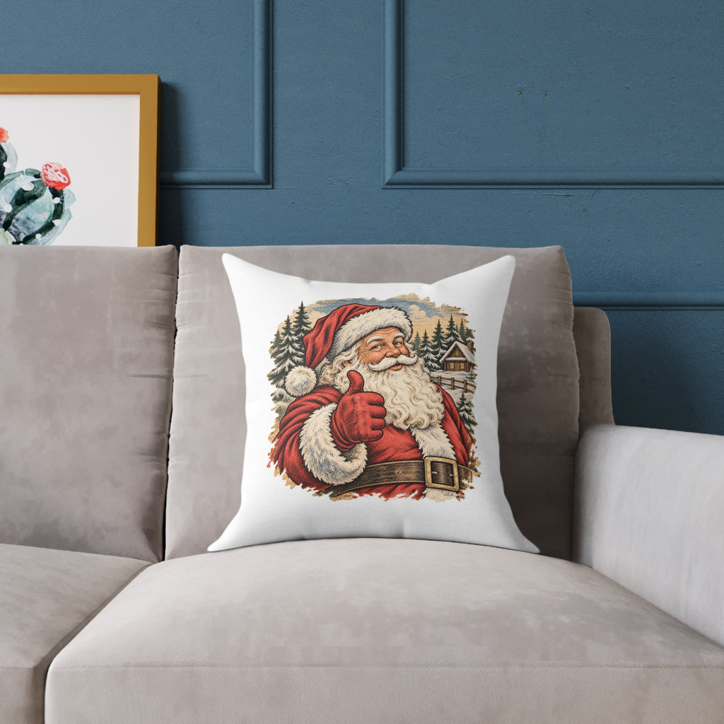 Santa Thumbs Up Woodcut Relief Throw Cushion White  Holiday Decoration BarkingDog Shop