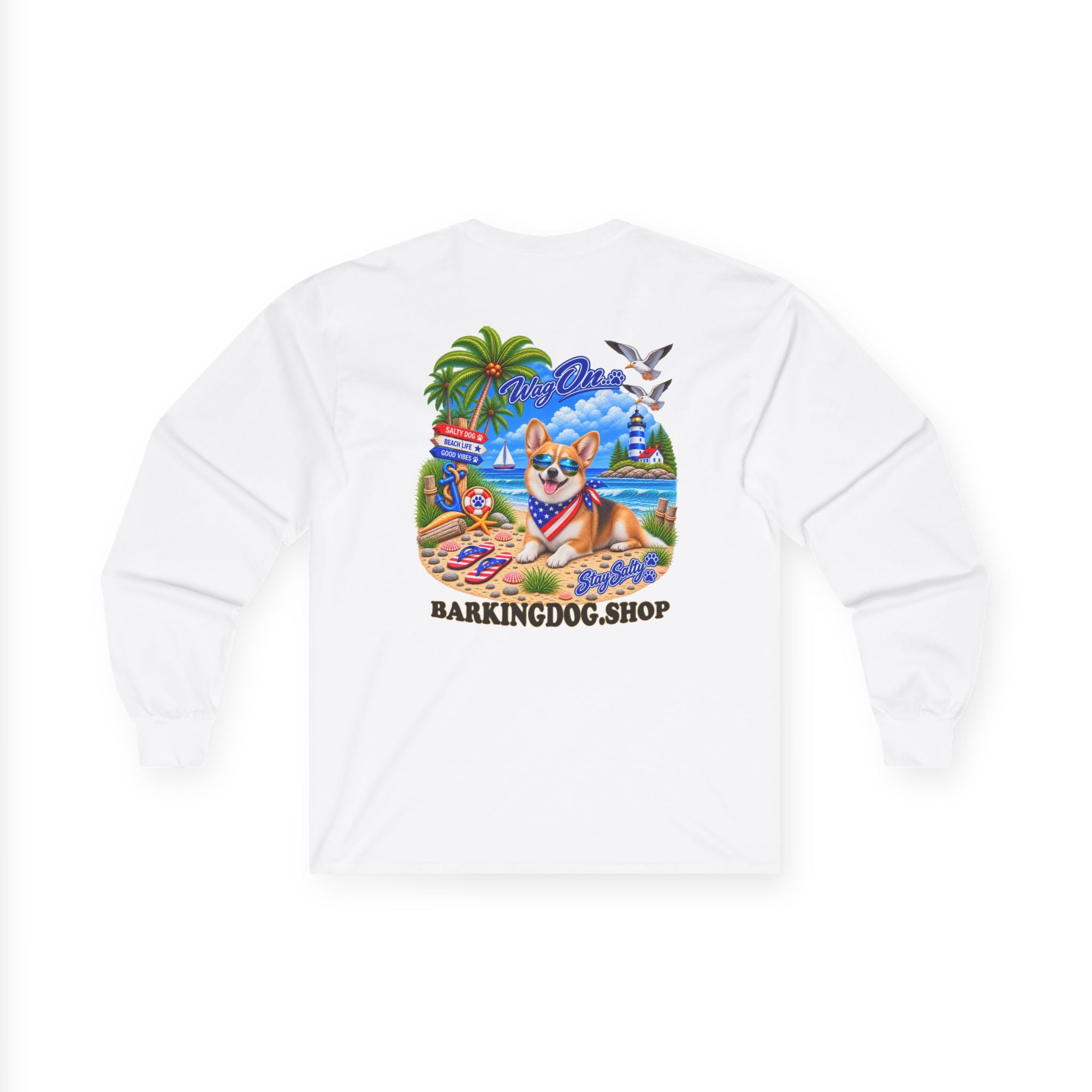 Pembroke Welsh Corgi Stay Salty Pup Long Sleeve T Shirt Beach Collection Coastal Dog Graphic Tee Wag On BarkingDog Shop