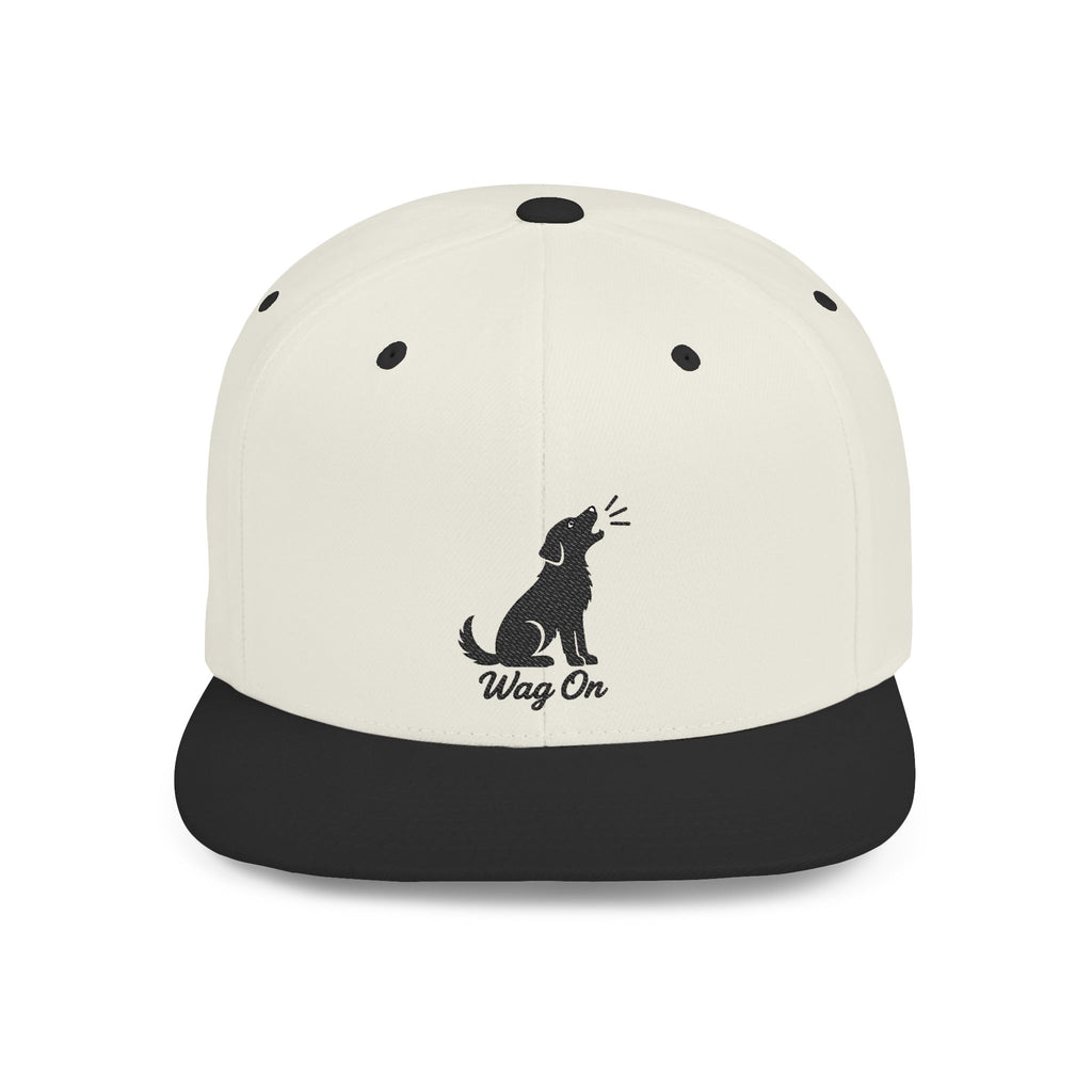 Wag On Snapback Hat — Embroidered Howling Dog Flat Bill Cap