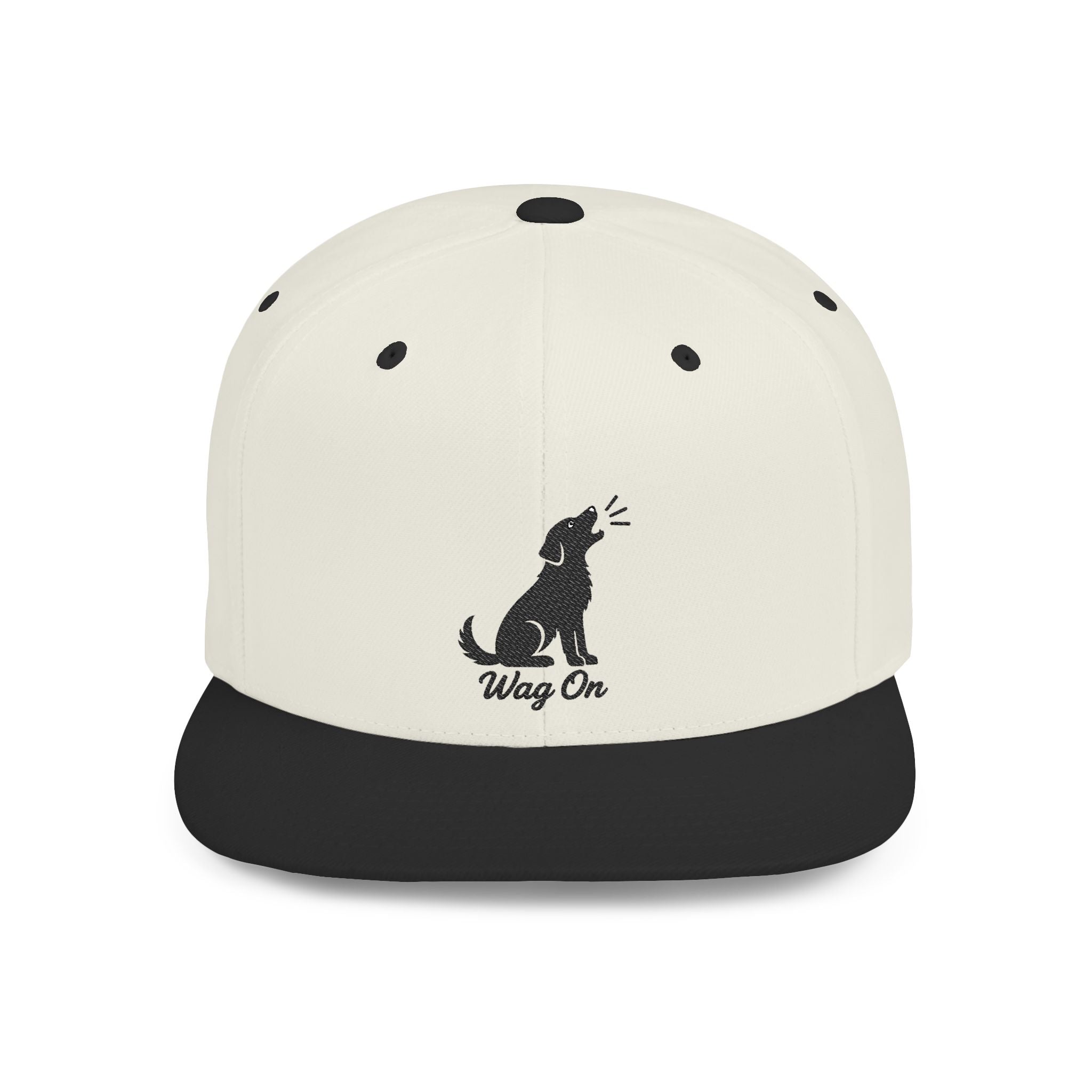 Wag On Snapback Hat — Embroidered Howling Dog Flat Bill Cap
