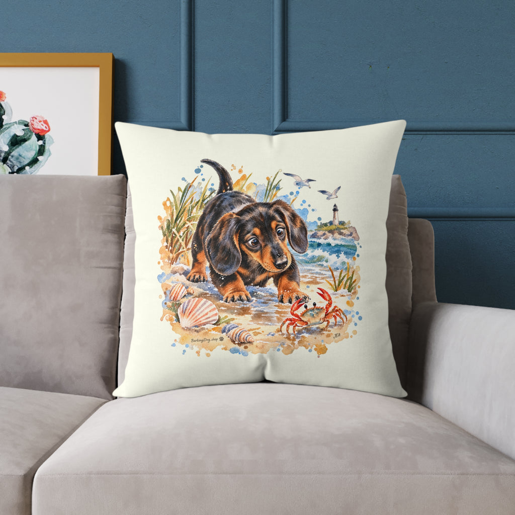 Dachshund Bewildered by Crab Beach Throw Pillow Ivory Home Decor Collection Funny Coastal Dog Decor BarkingDog Shop