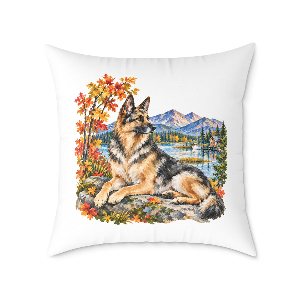 German Shepherd Scenic Autumn Throw Pillow White Home Decor Collection Mountain Lake Dog Decor BarkingDog Shop