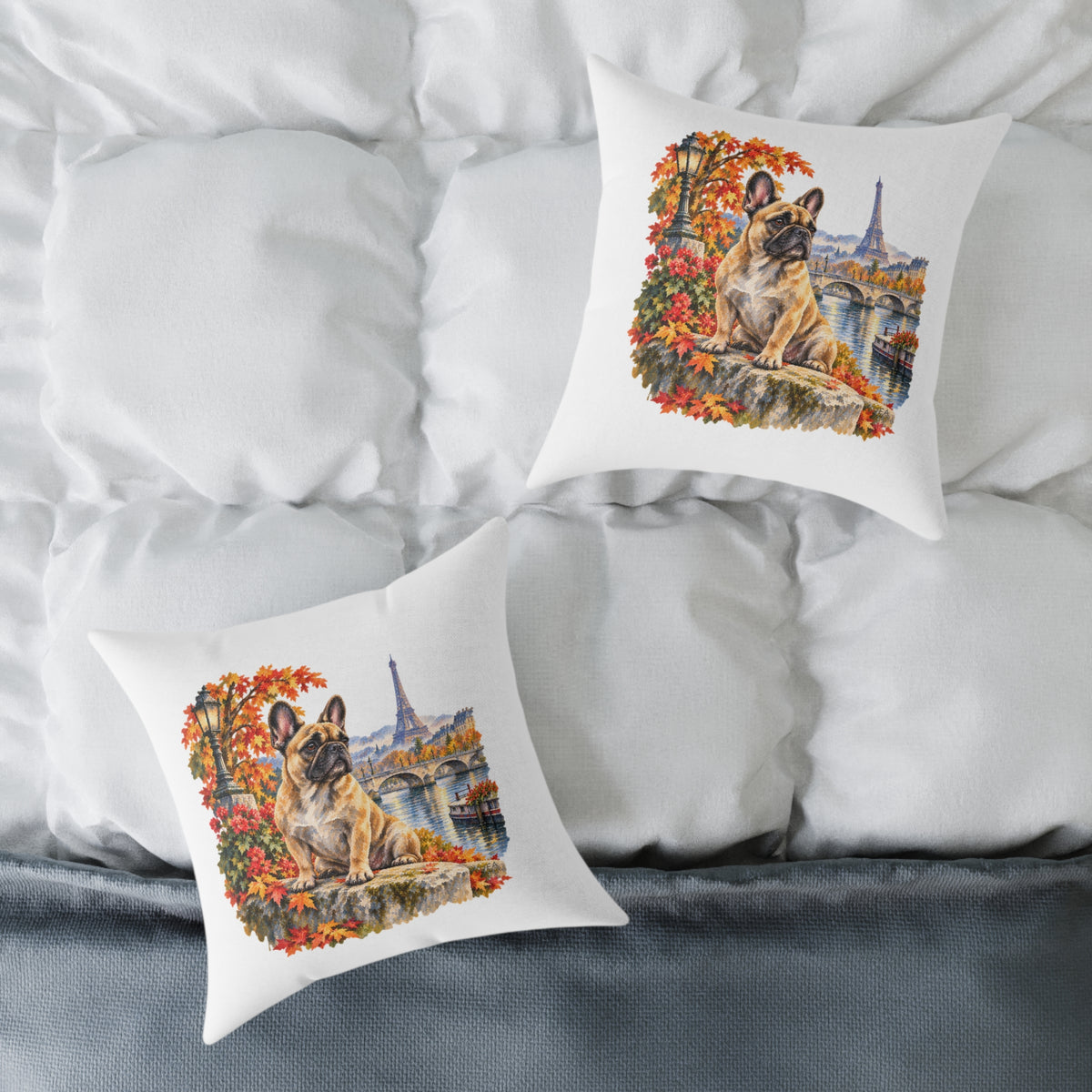 French Bulldog Paris in Autumn Throw Pillow White Home Decor Collection Eiffel Tower Scenic Dog Decor BarkingDog Shop