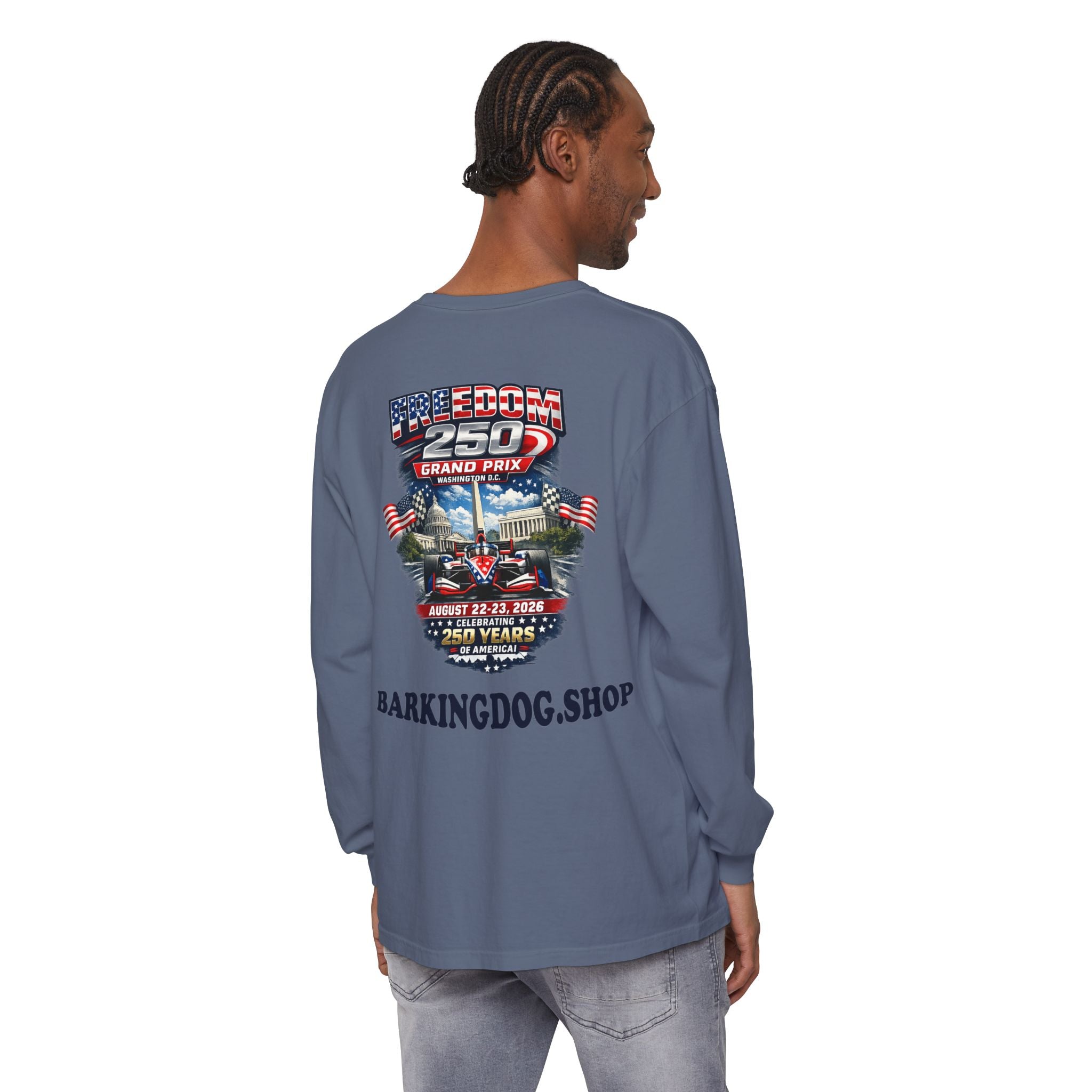 Freedom 250 Grand Prix Long Sleeve T-Shirt — "Wag On" Dog Rally Race Tee