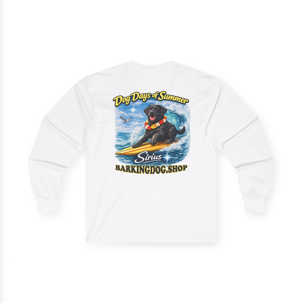Black Labrador Dog Days of Summer Surfboard Long Sleeve T Shirt Beach Collection Surfing Dog Graphic Tee Wag On BarkingDog Shop