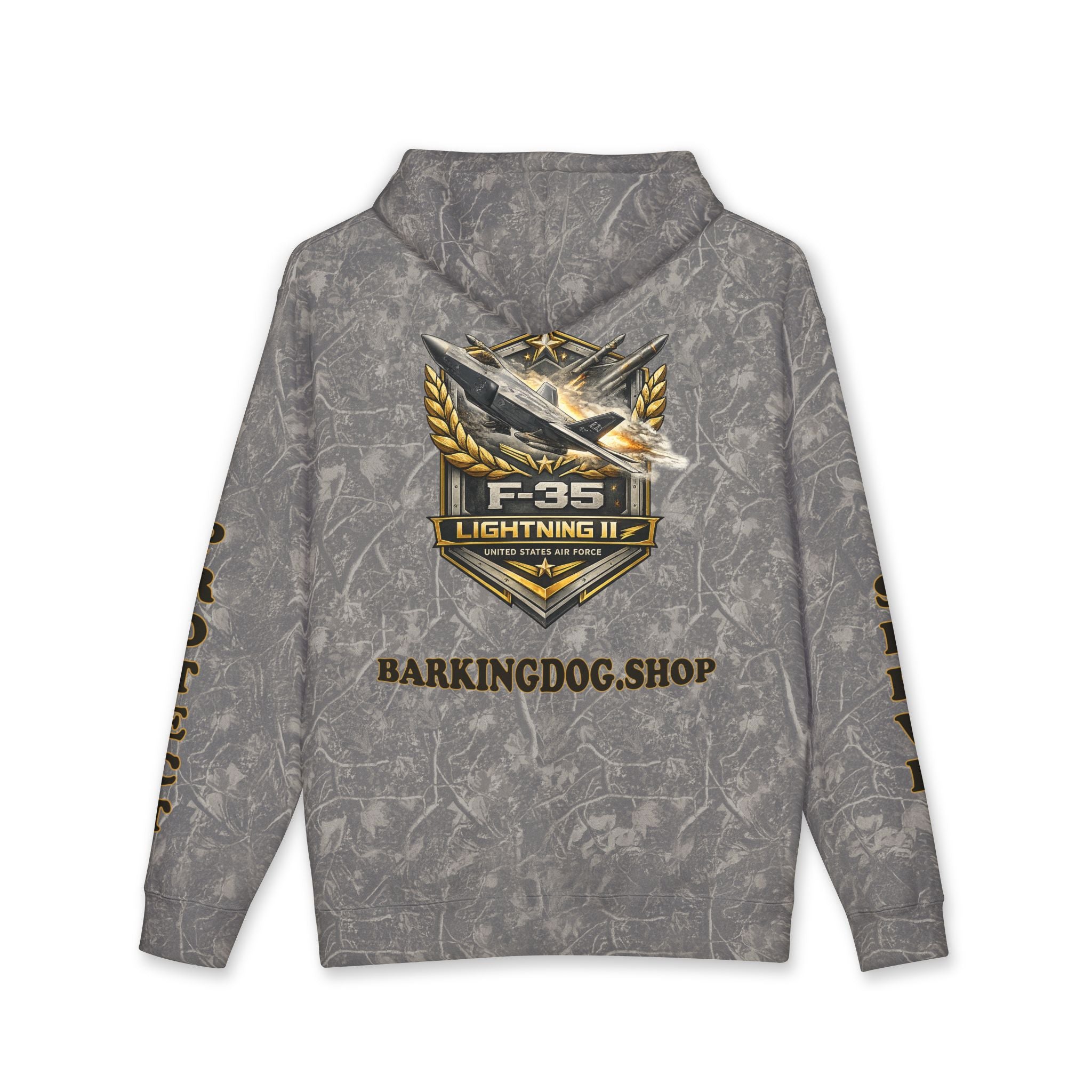 F-35 Lightning II Jet Hoodie — Barking Dog 'Wag On' Military Air Force Tribute