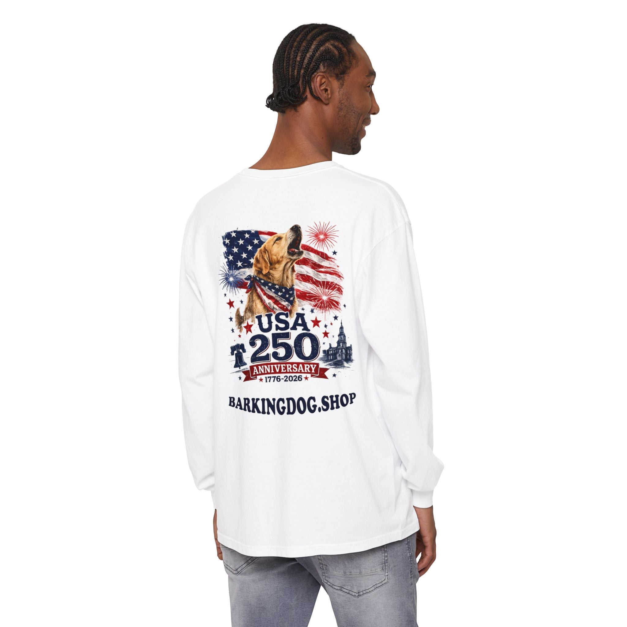 USA 250th Anniversary Long Sleeve T-Shirt — Patriotic Dog Flag Design