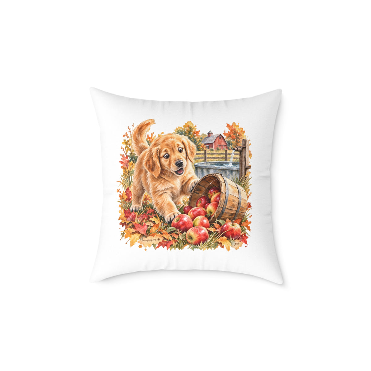Golden Retriever Puppy Spilled Apples Throw Pillow White Home Decor Collection Farmhouse Dog Decor BarkingDog Shop