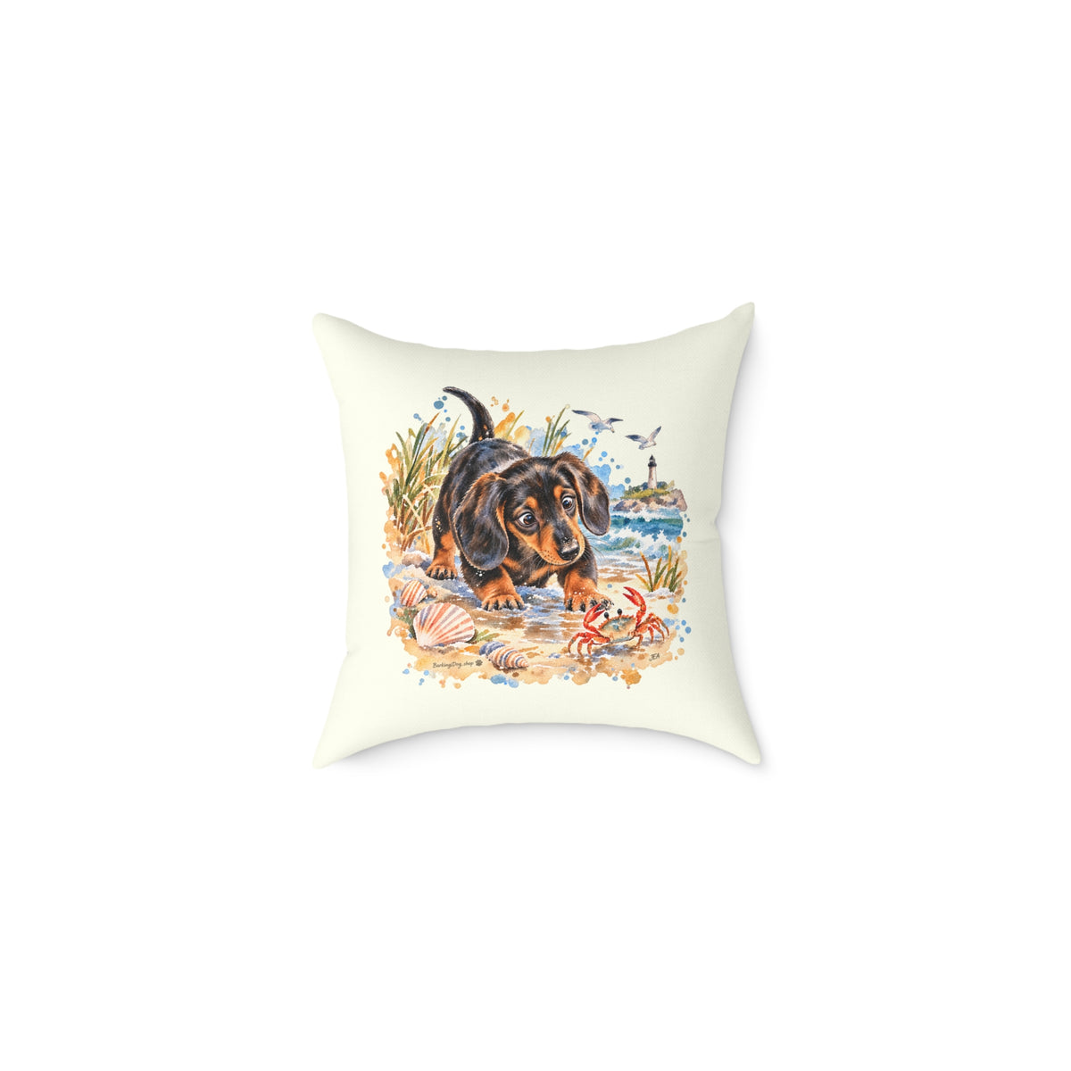 Dachshund Bewildered by Crab Beach Throw Pillow Ivory Home Decor Collection Funny Coastal Dog Decor BarkingDog Shop
