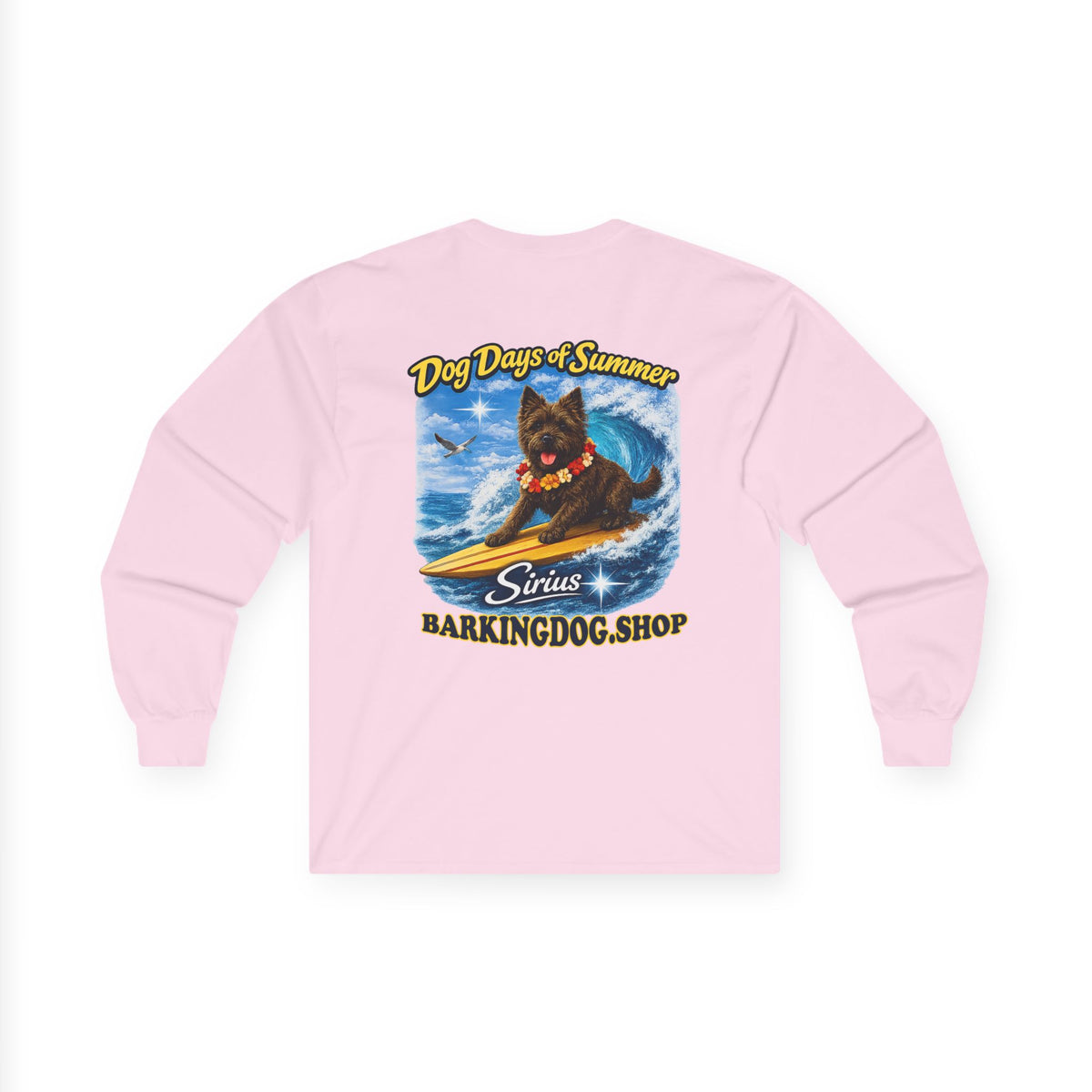 Cairn Terrier Dog Days of Summer Surfboard Long Sleeve T Shirt Beach Collection Surfing Dog Graphic Tee Wag On BarkingDog Shop