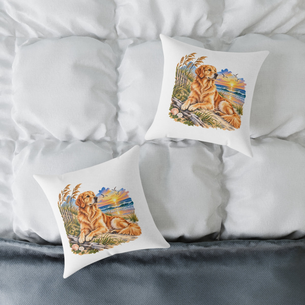 Golden Retriever Coastal North Carolina Sunrise Throw Pillow White Home Decor Collection Beach Dog Decor BarkingDog Shop