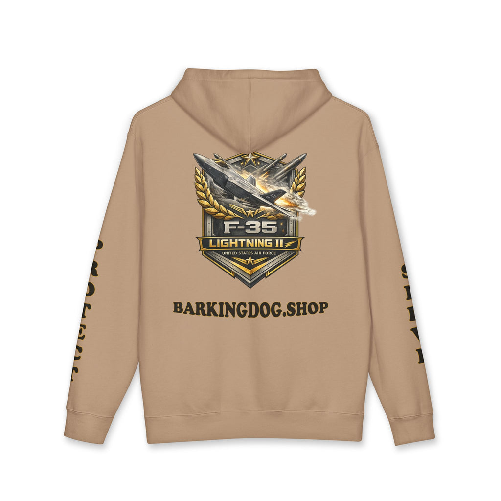 F-35 Lightning II Jet Hoodie — Barking Dog 'Wag On' Military Air Force Tribute