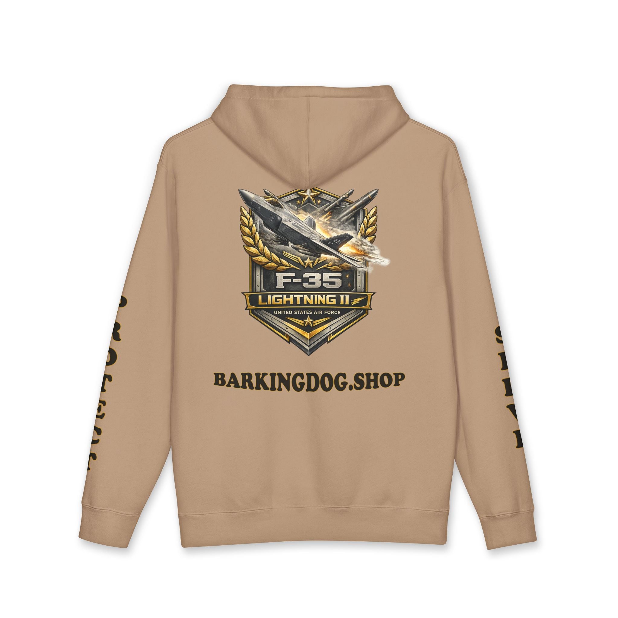 F-35 Lightning II Jet Hoodie — Barking Dog 'Wag On' Military Air Force Tribute