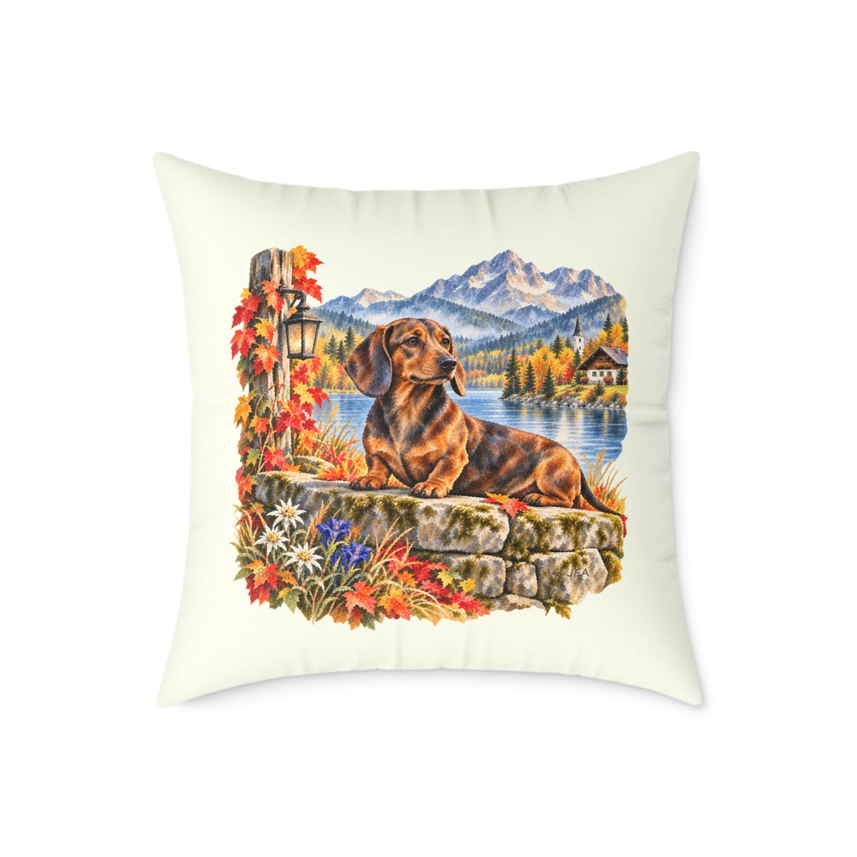 Dachshund Bavarian Alps Autumn Throw Pillow Ivory Home Decor Collection Alpine Lake Dog Decor BarkingDog Shop