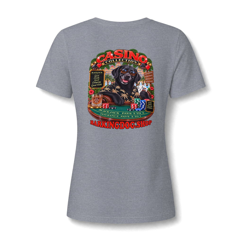 Black Labrador Black Jack Womens V Neck T Shirt Casino Collection Funny Casino Dog Graphic Tee Wag On BarkingDog Shop