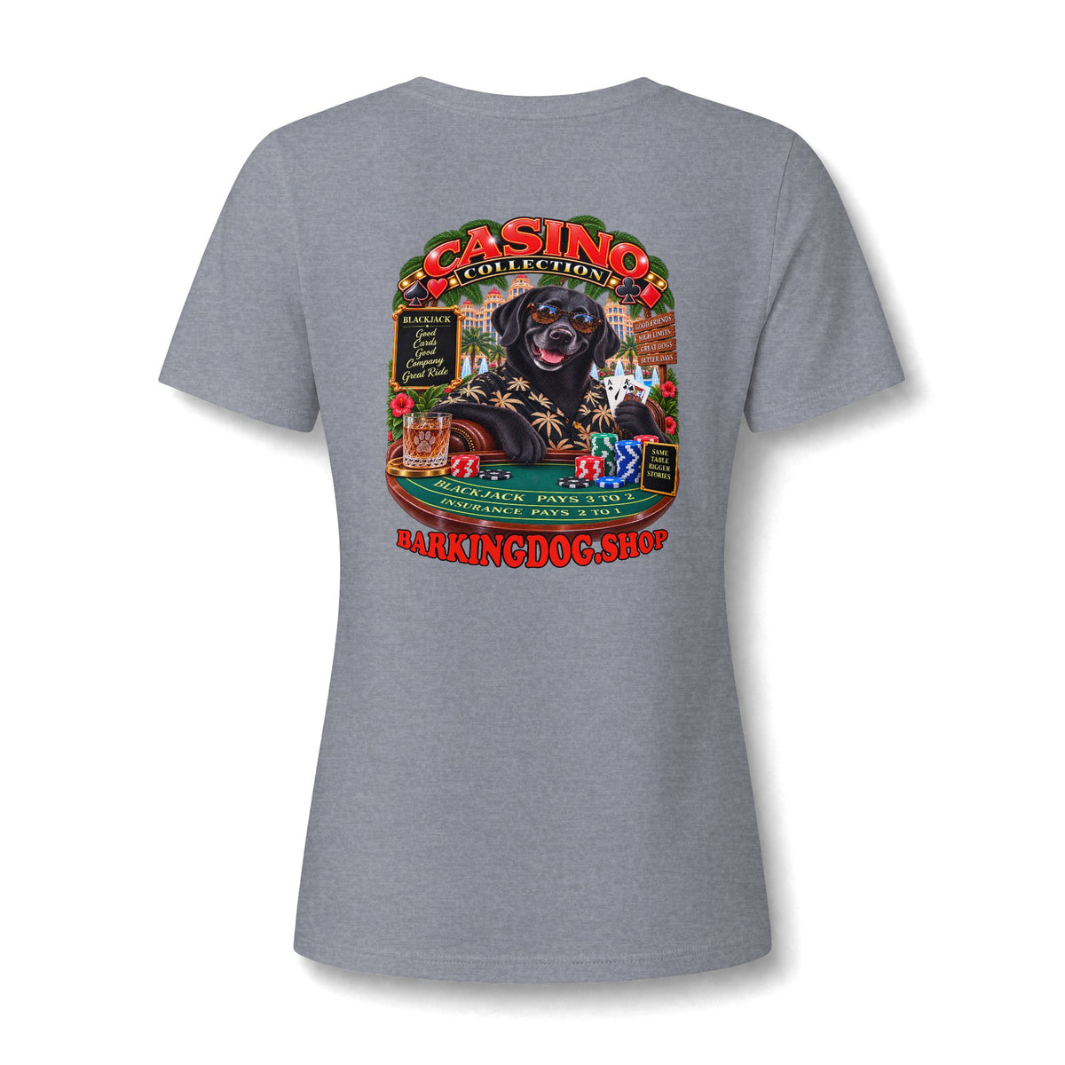Black Labrador Black Jack Womens V Neck T Shirt Casino Collection Funny Casino Dog Graphic Tee Wag On BarkingDog Shop