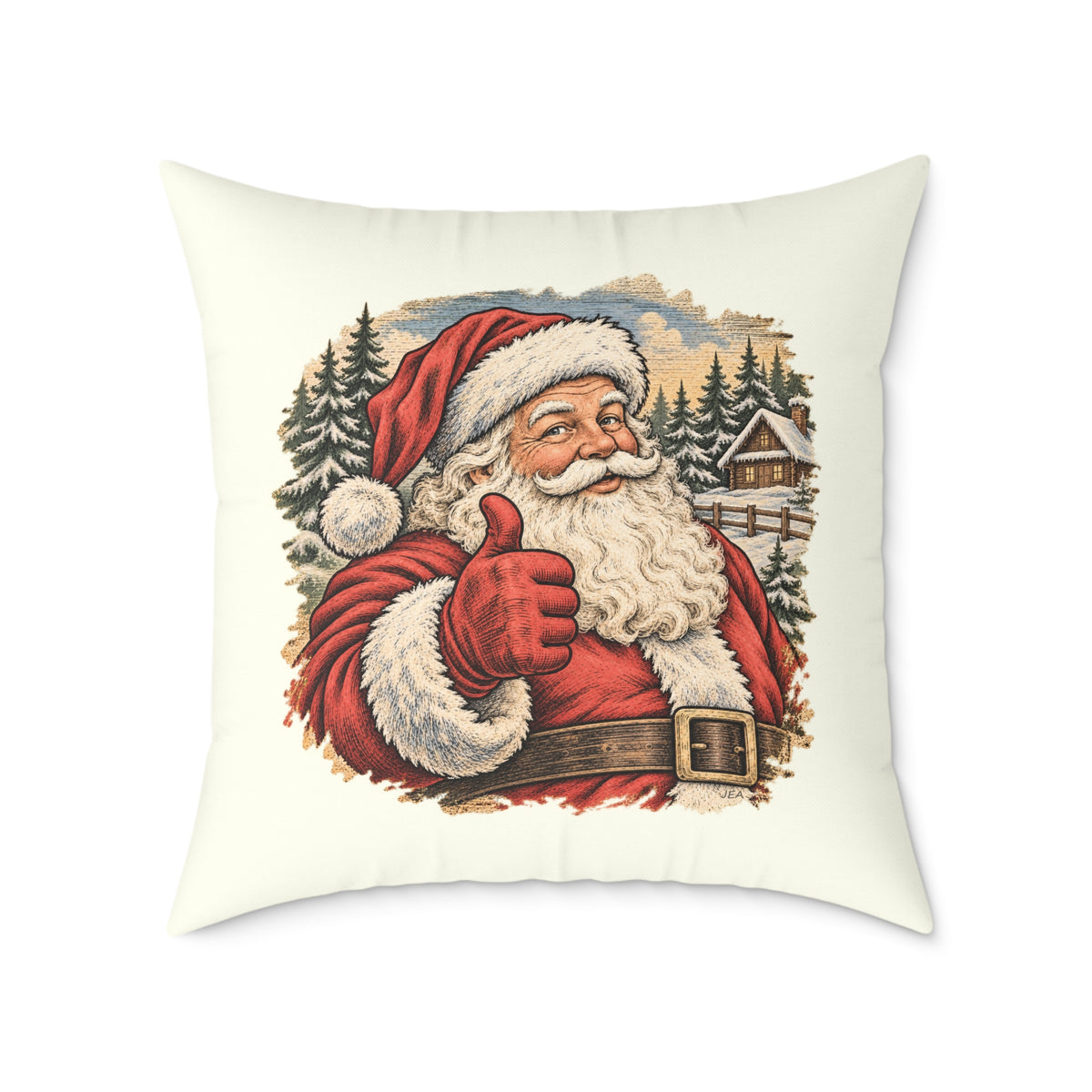 Santa Thumbs Up Woodcut Relief Throw Cushion Ivory Holiday Decoration BarkingDog Shop