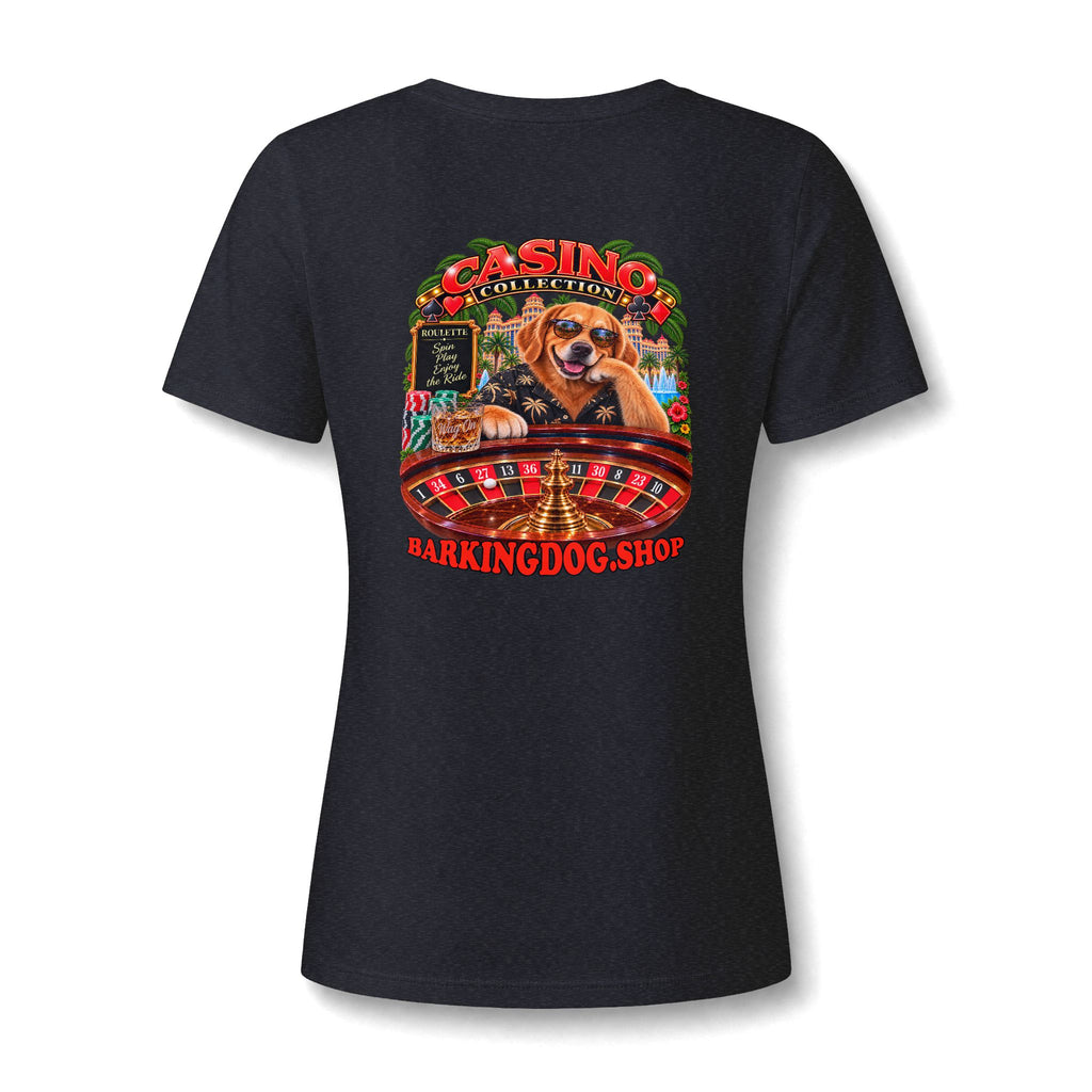 Golden Retriever Roulette Womens V Neck T Shirt Casino Collection Funny Casino Dog Graphic Tee Wag On BarkingDog Shop