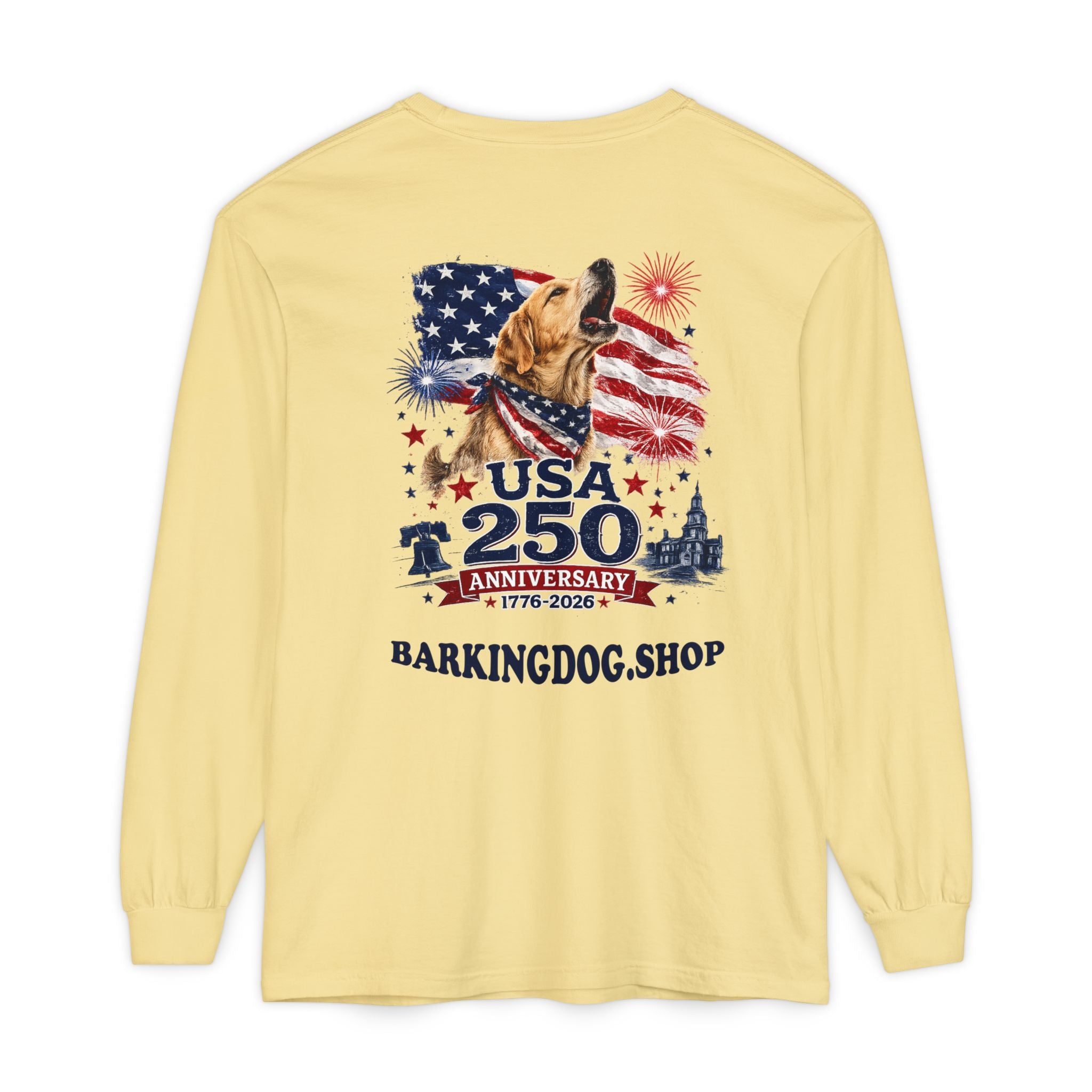 USA 250th Anniversary Long Sleeve T-Shirt — Patriotic Dog Flag Design