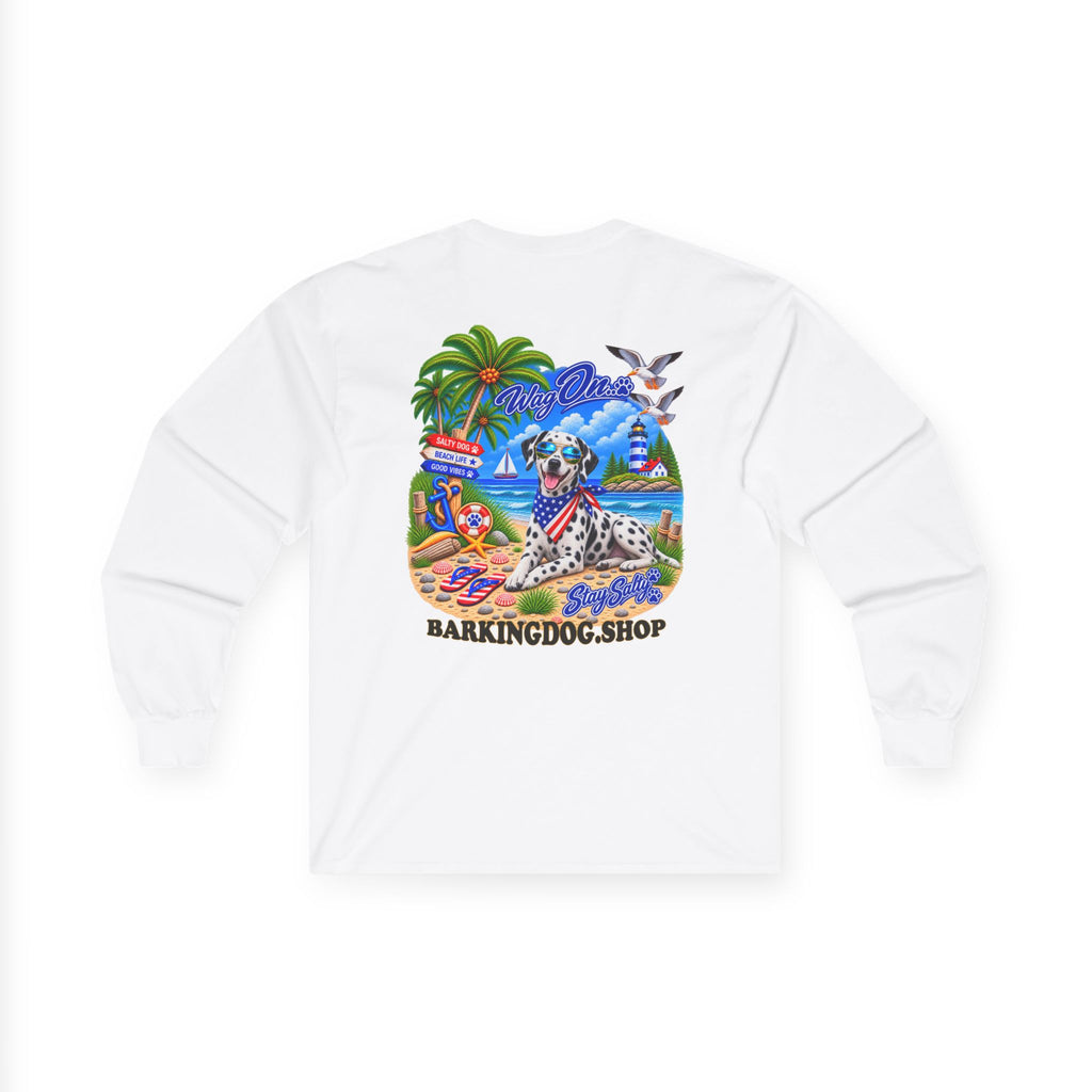 Dalmatian Stay Salty Pup Long Sleeve T Shirt Beach Collection Coastal Dog Graphic Tee Wag On BarkingDog Shop