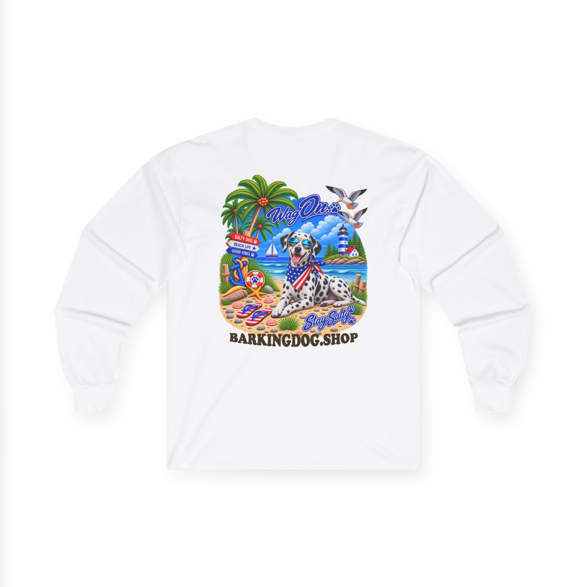 Dalmatian Stay Salty Pup Long Sleeve T Shirt Beach Collection Coastal Dog Graphic Tee Wag On BarkingDog Shop