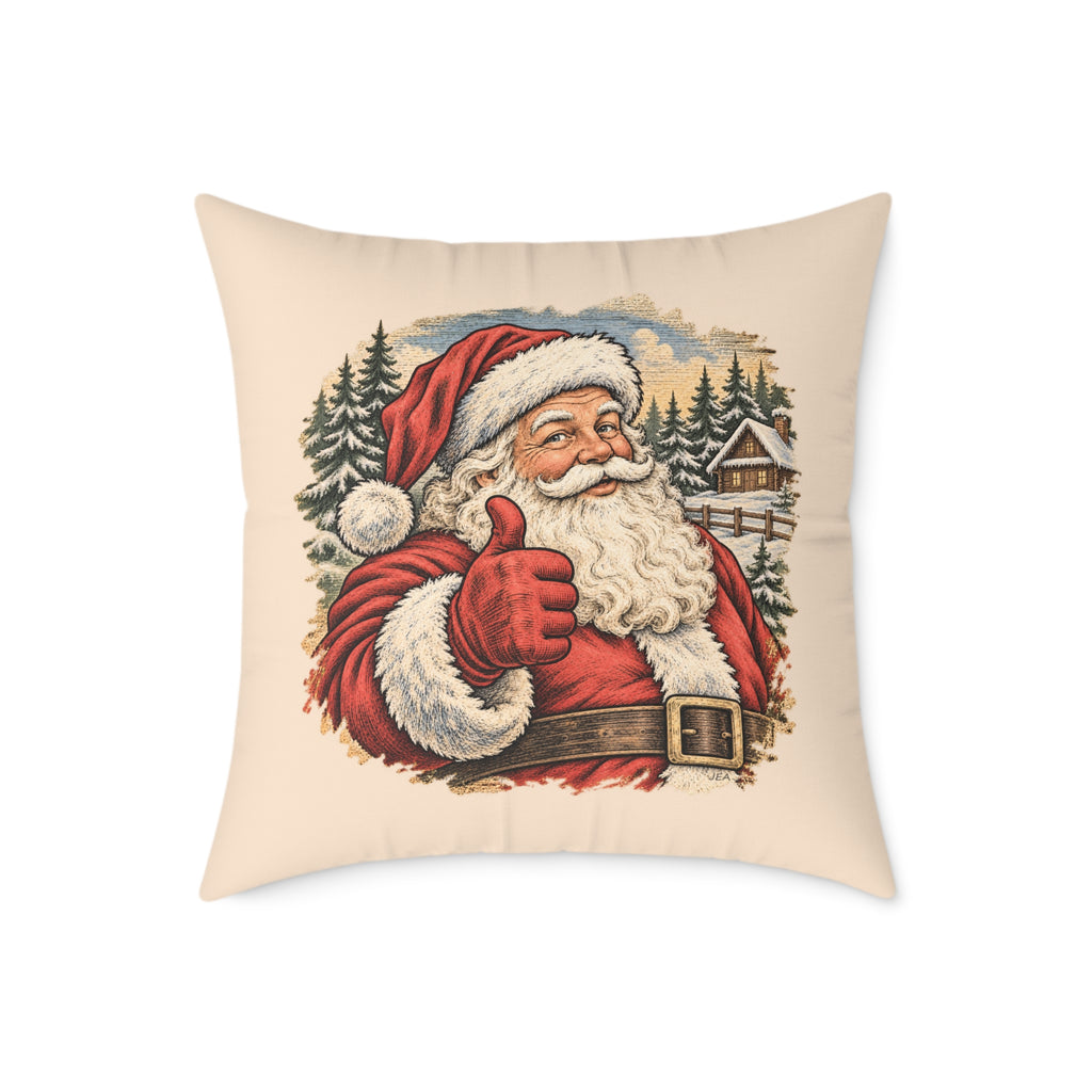 Santa Thumbs Up Woodcut Relief Throw Cushion Warm Peach Holiday Decoration BarkingDog Shop