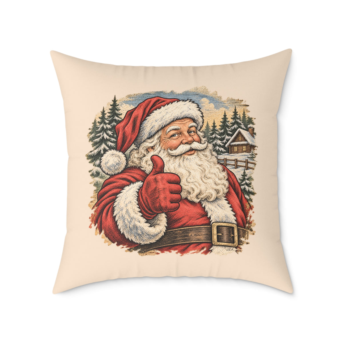 Santa Thumbs Up Woodcut Relief Throw Cushion Warm Peach Holiday Decoration BarkingDog Shop