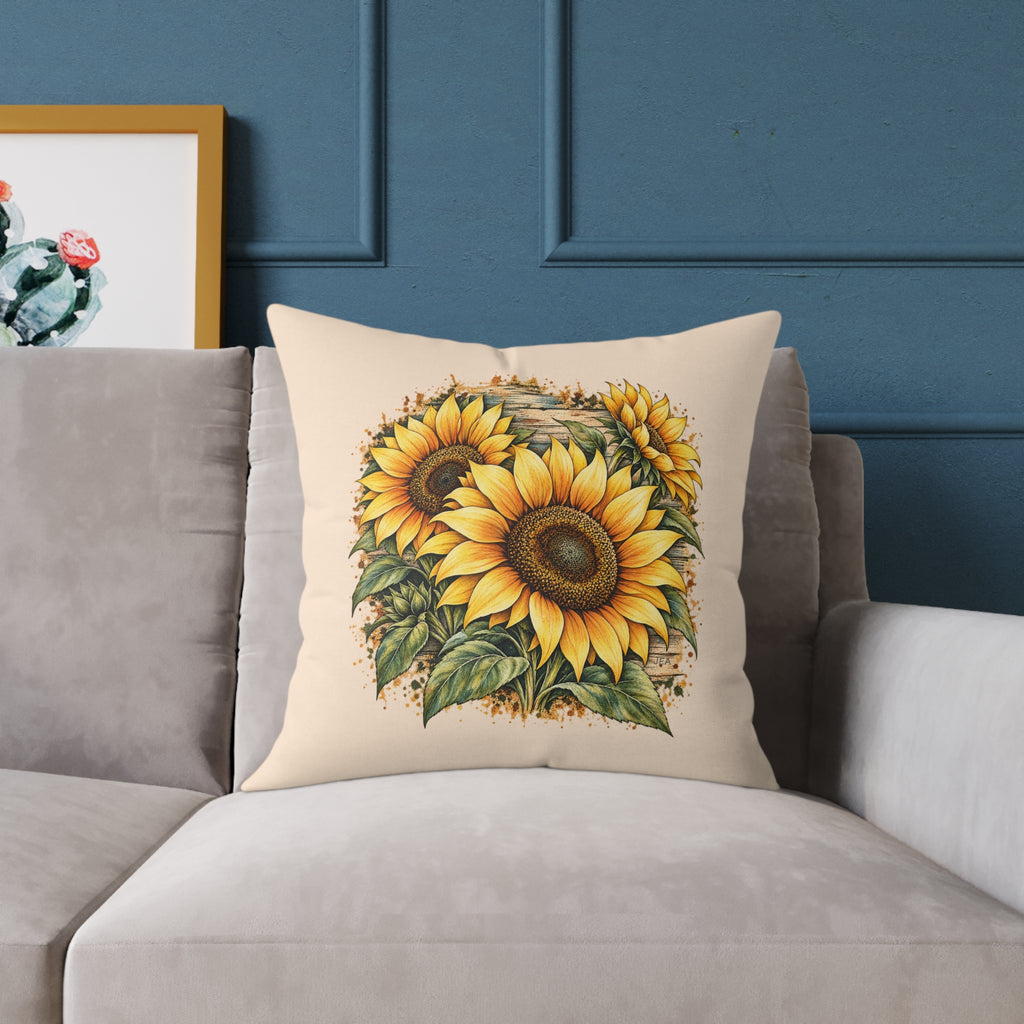 Sunflower Woodcut Relief Throw Pillow Warm Peach Floral Farmhouse Home Decor BarkingDog Shop